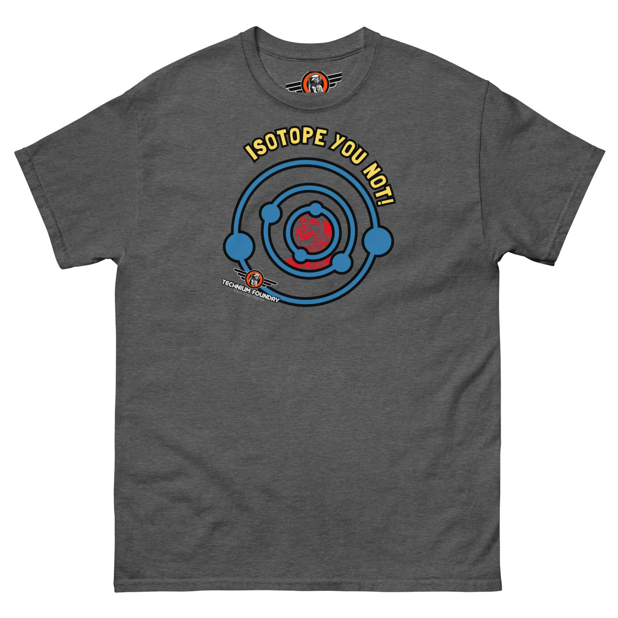 Nuclear chemistry pun t-shirt with 'Isotope You Not!' design, featuring electron shells and atomic humor, perfect for science enthusiasts.