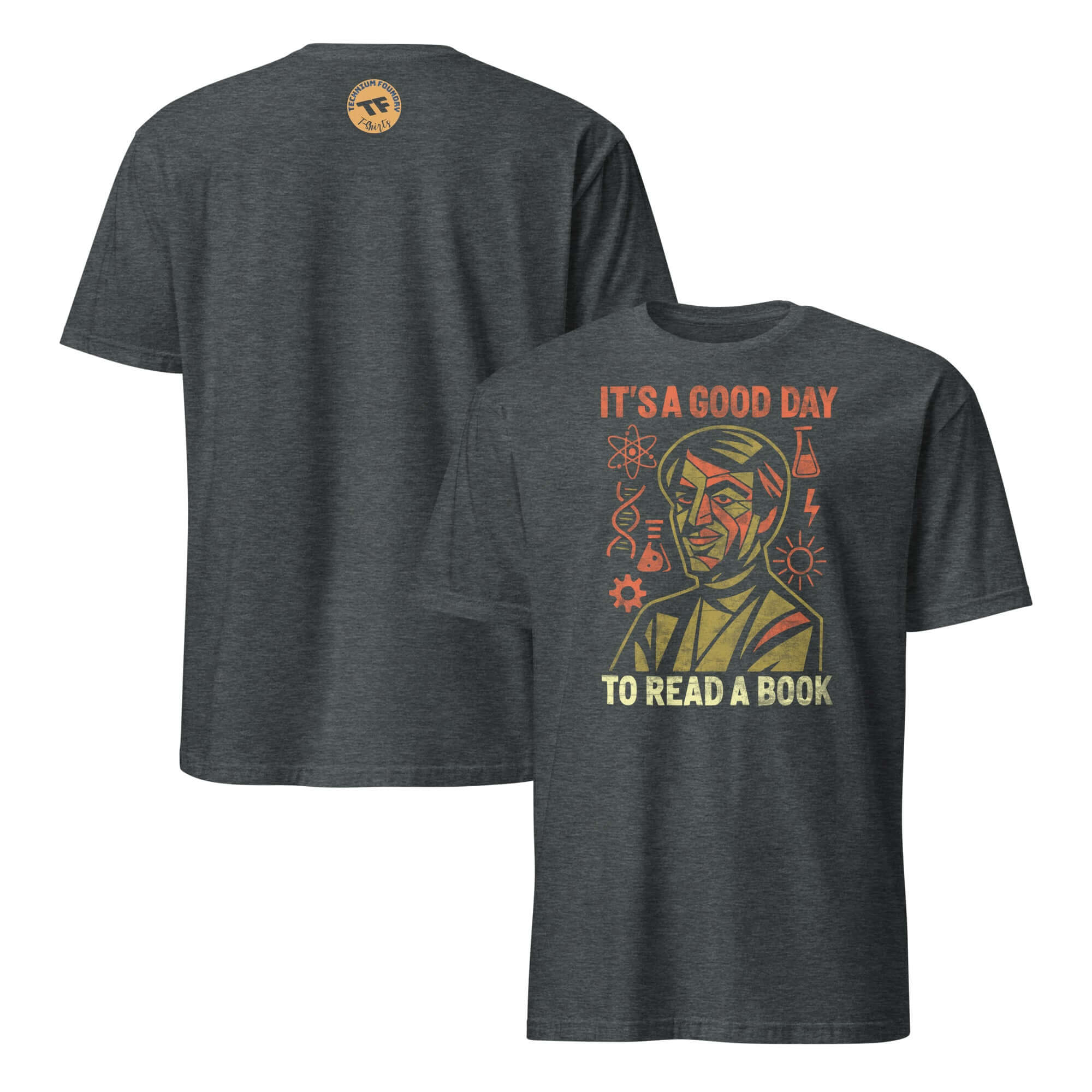 Gray "It's a Good Day to Read a Book" T-shirt featuring vintage propaganda-style design promoting reading motivation.