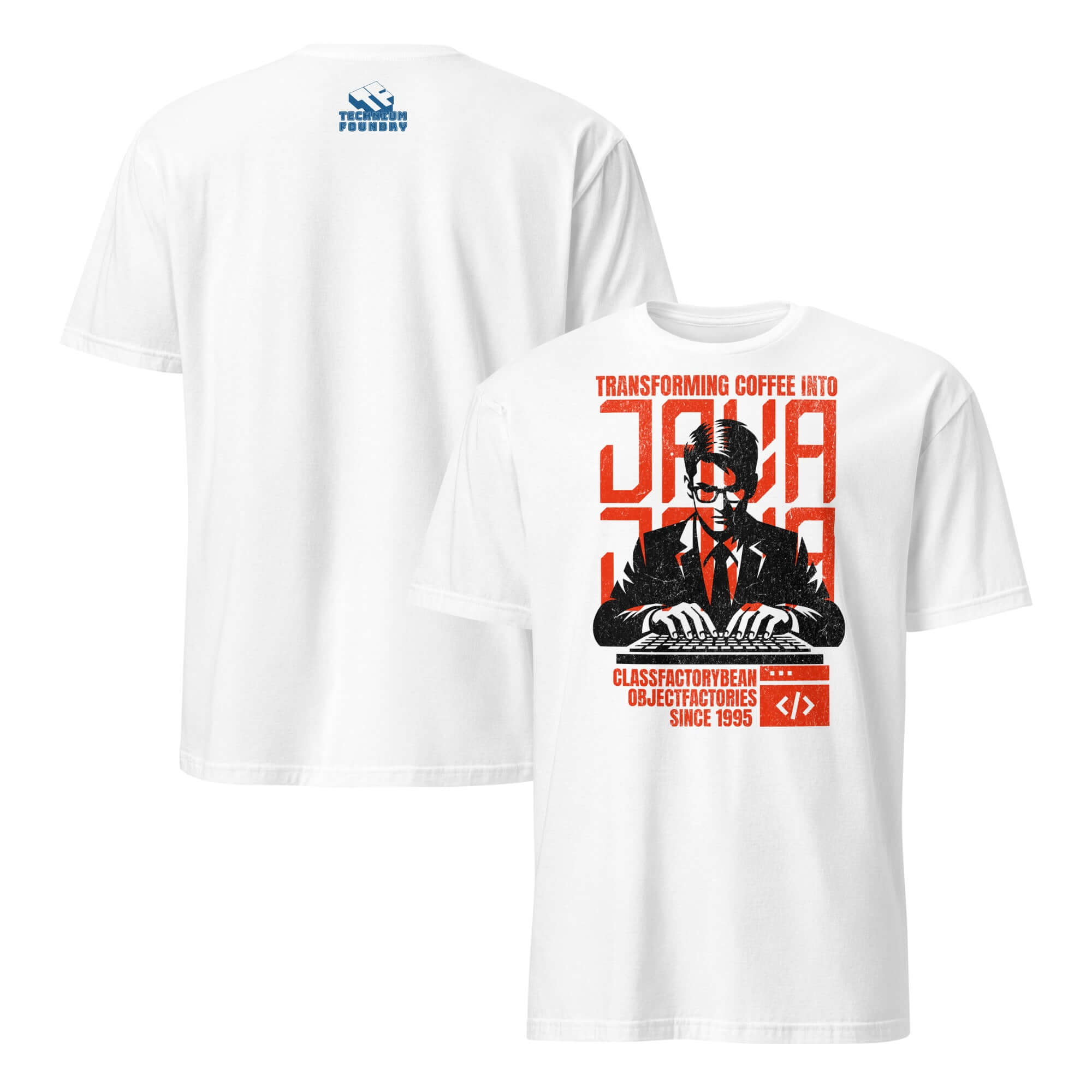 Java T-Shirt featuring a coder in a propaganda-style design, celebrating coffee's role in coding, with red and black artwork.