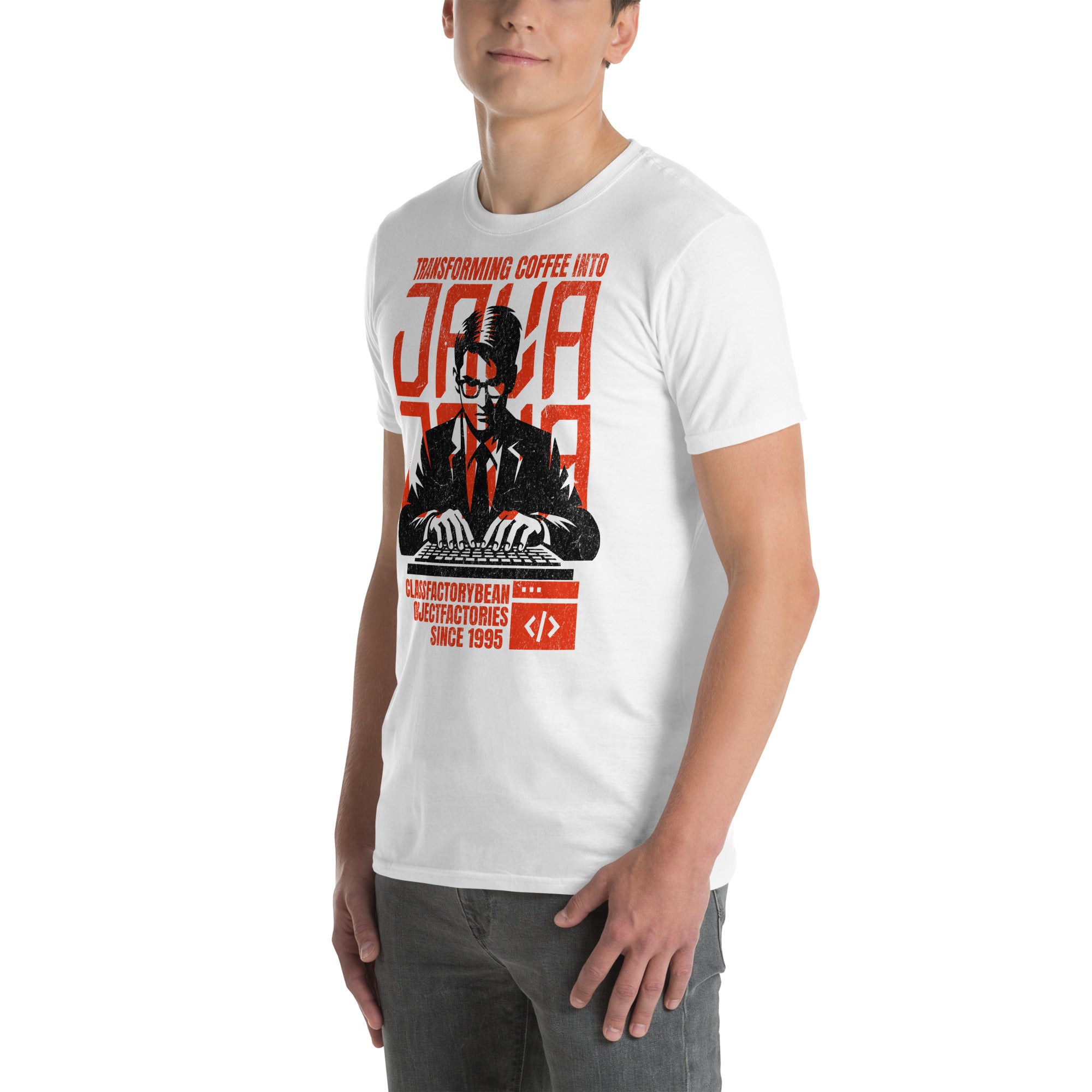 Man wearing Java T-Shirt with 'Transforming Coffee into Code' design, featuring coder in red and black artwork, celebrating programming.