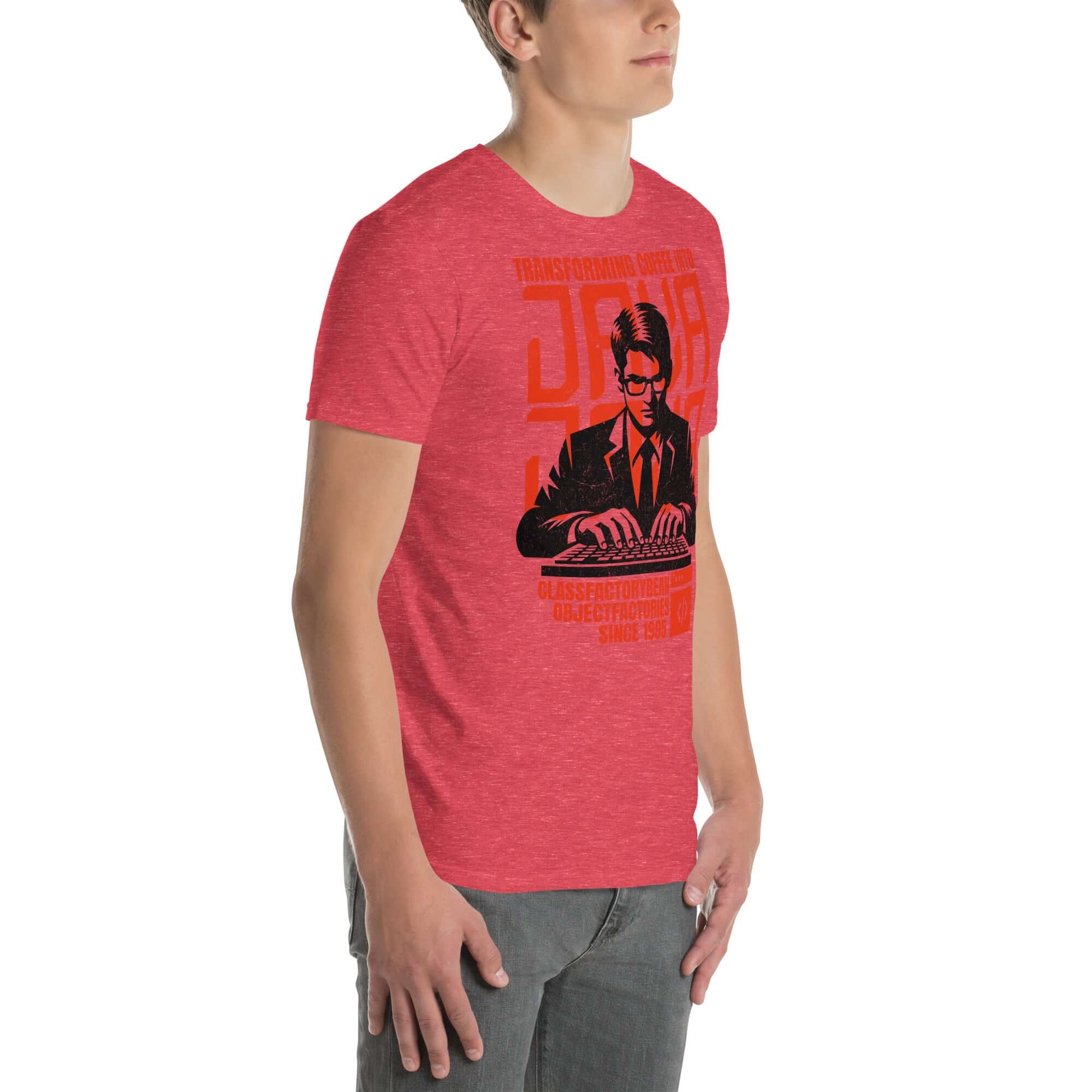Red Java T-Shirt featuring determined coder transforming coffee into code with propaganda-style design, perfect for programming enthusiasts.