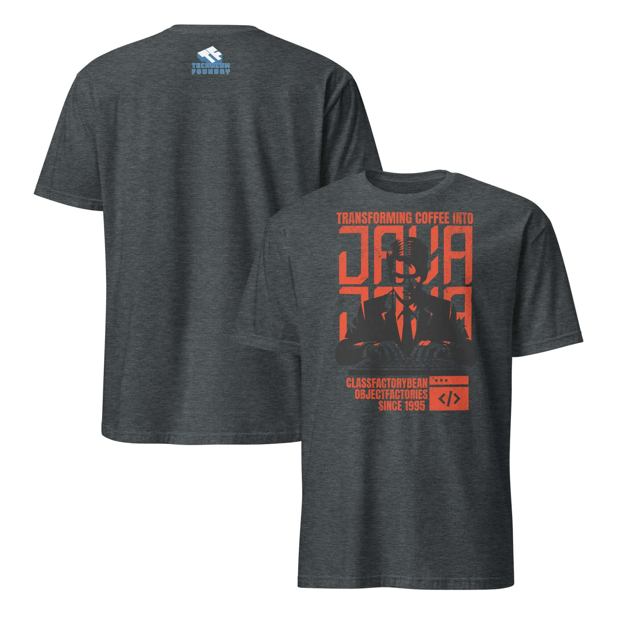 Java T-Shirt featuring "Transforming Coffee into Code" design with coder illustration, celebrating Java programming and coffee.