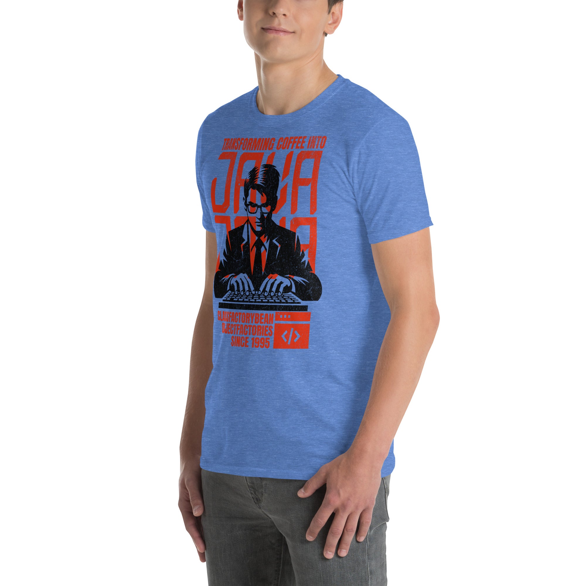 Man wearing blue T-shirt with Java programming and coffee theme design in red and black.
