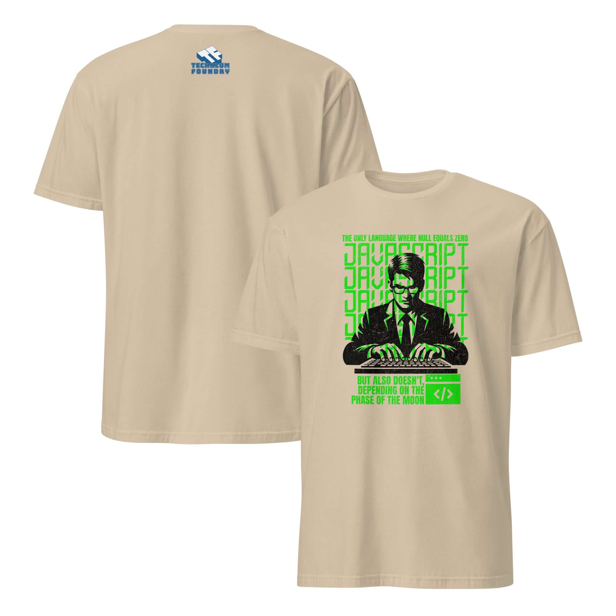 JavaScript Moon Phase T-Shirt in neon-green and charcoal, featuring a programmer and JavaScript declarations, ideal for coding enthusiasts.