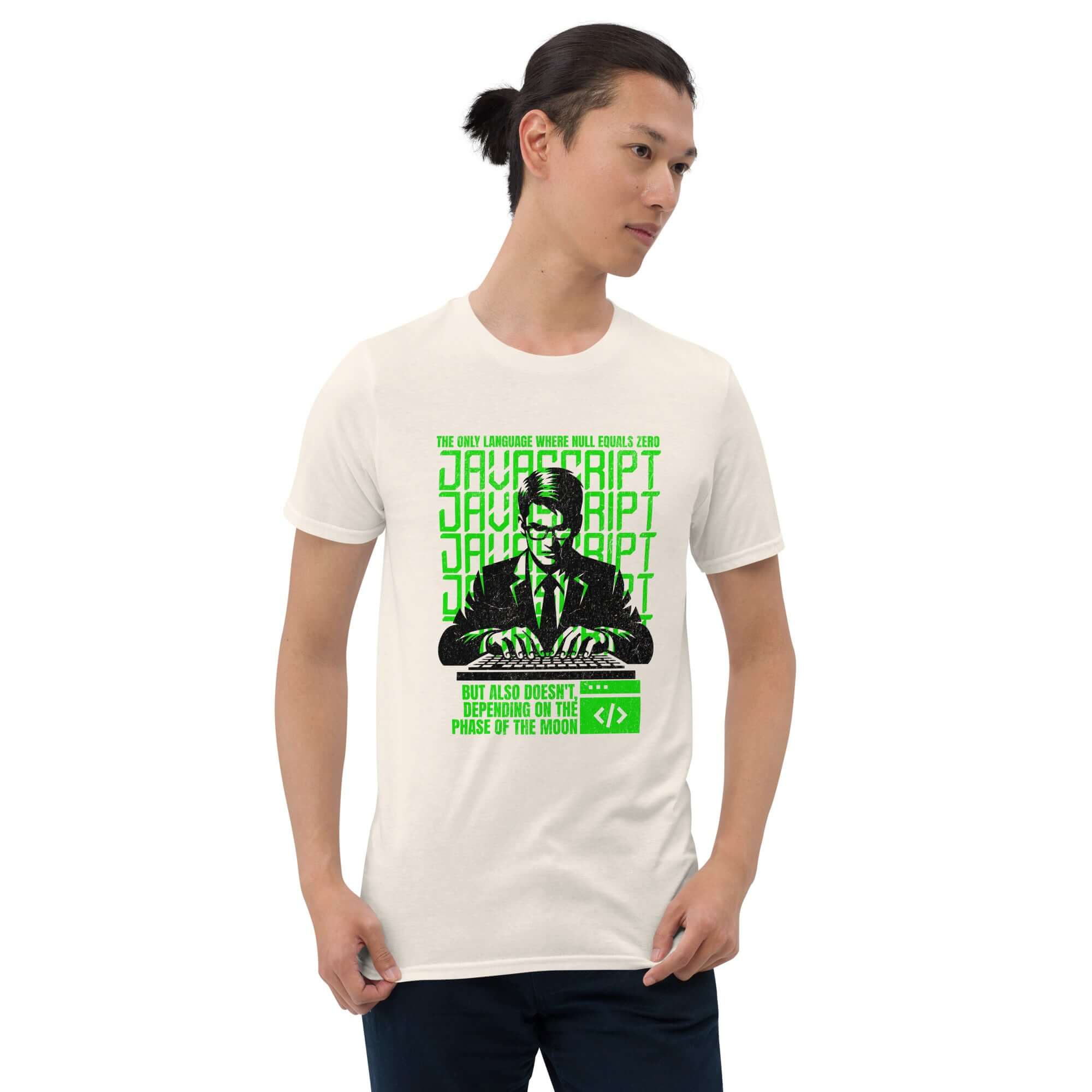 Person wearing JavaScript Moon Phase T-Shirt with neon-green design, showcasing coding humor about JavaScript's equality quirks.