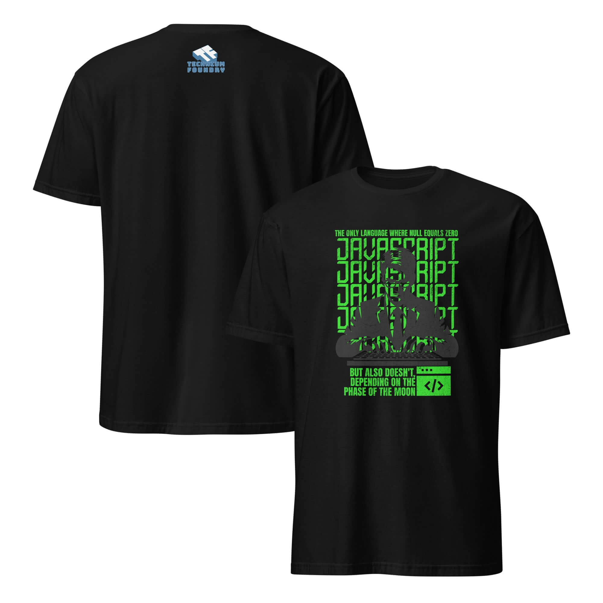 JavaScript Moon Phase T-Shirt with neon-green text, featuring a programmer and coding symbols, capturing JS quirks on charcoal fabric.
