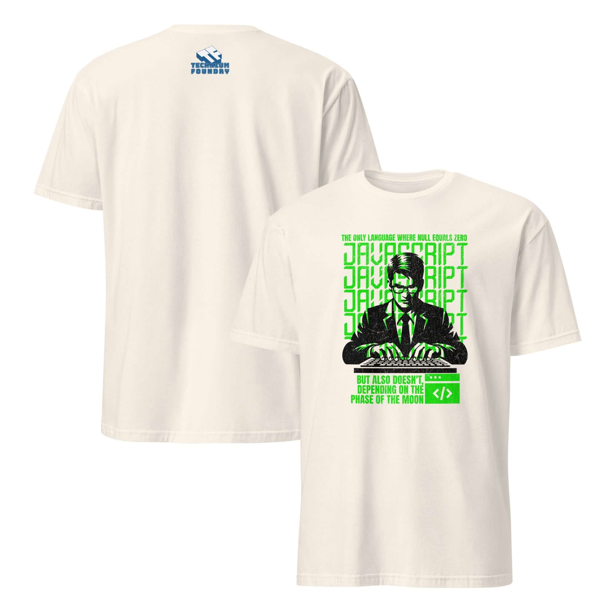 JavaScript Moon Phase T-Shirt featuring neon-green design with programmer and coding symbols on charcoal background.