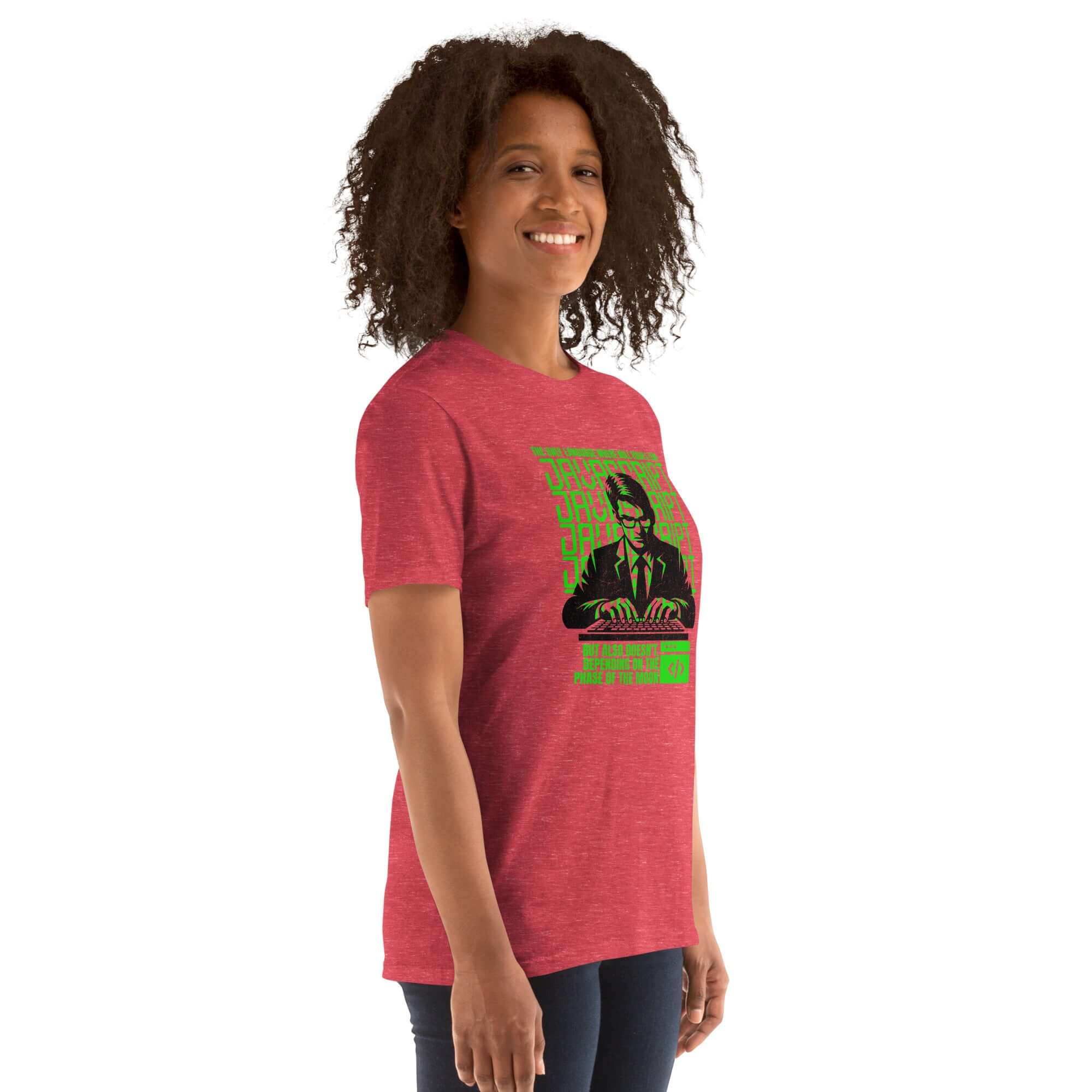 Woman wearing a JavaScript Moon Phase T-Shirt with neon-green-on-charcoal coding design, showcasing programming humor and style.