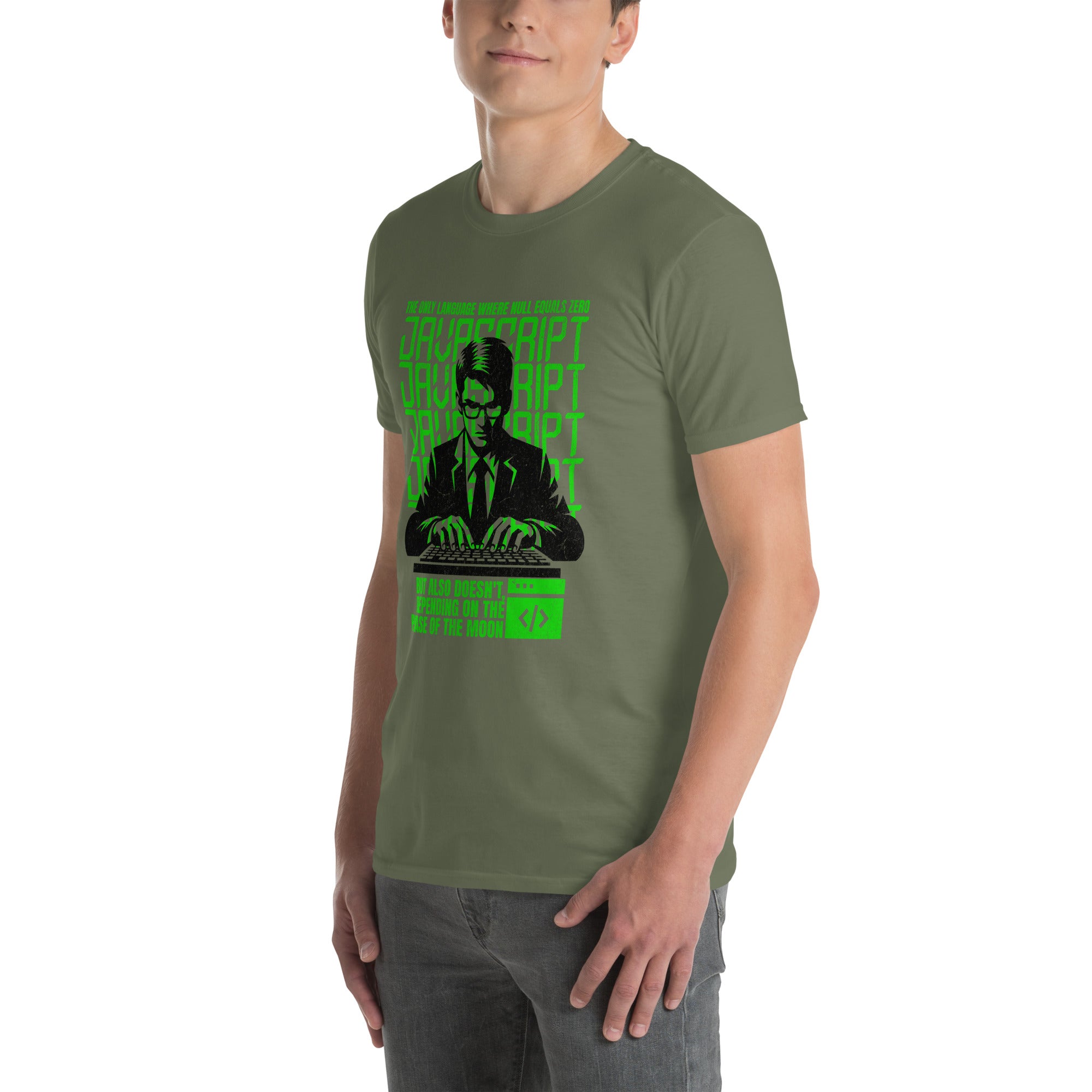 Neon-green JavaScript Moon Phase T-Shirt displaying coding graphics on charcoal fabric, featuring a stoic programmer design.