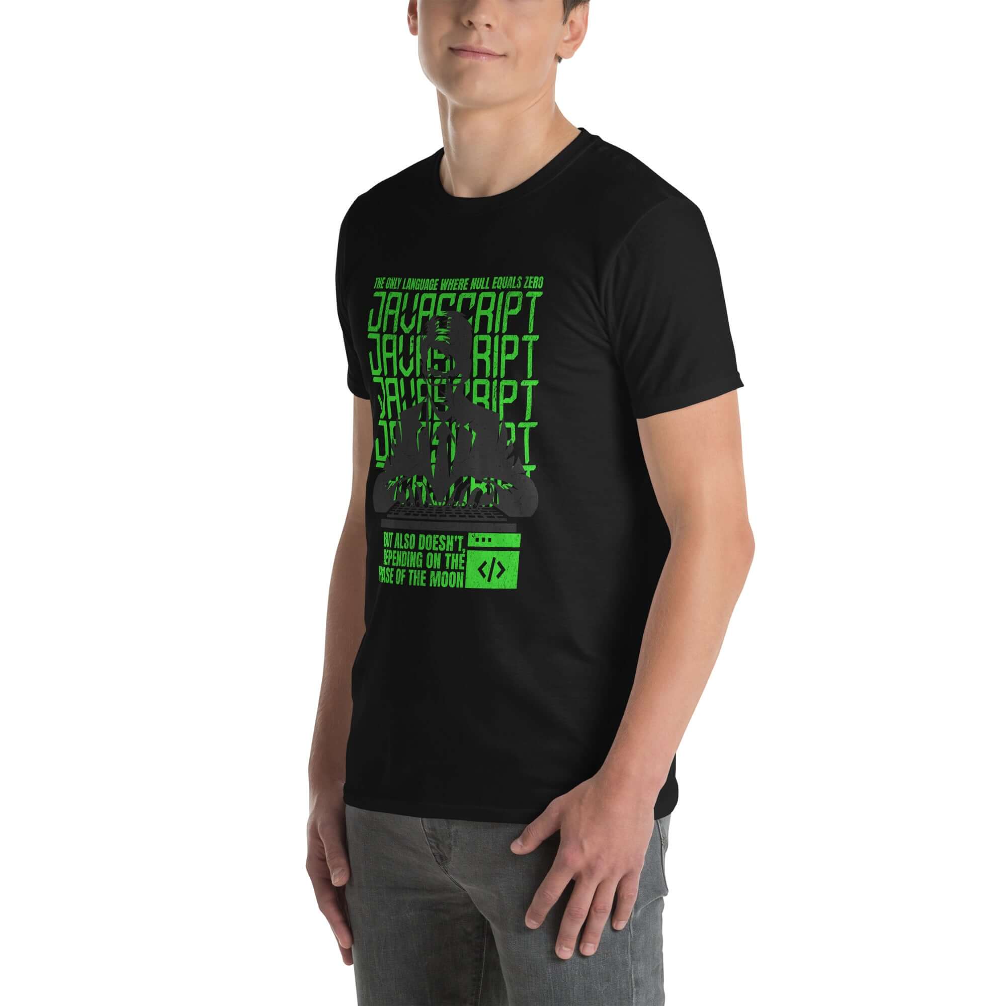 JavaScript Moon Phase T-Shirt in neon green on charcoal, featuring a stoic programmer. Display your coding skills with this unique design.