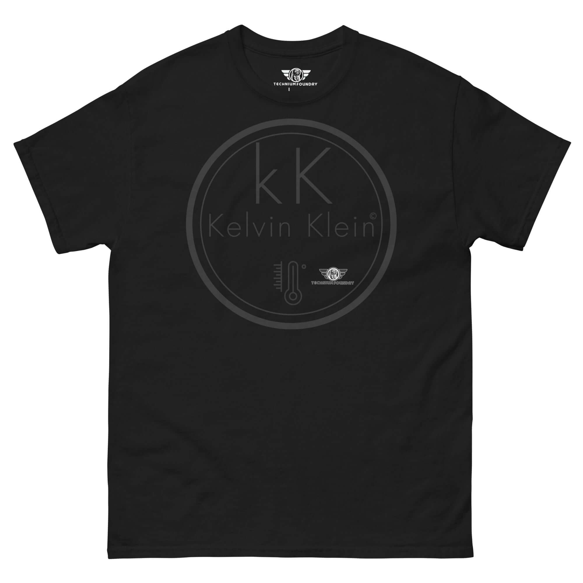 Black Kelvin Klein Temperature Scale Parody T-Shirt with sleek thermometer icon and minimalist scientific design.