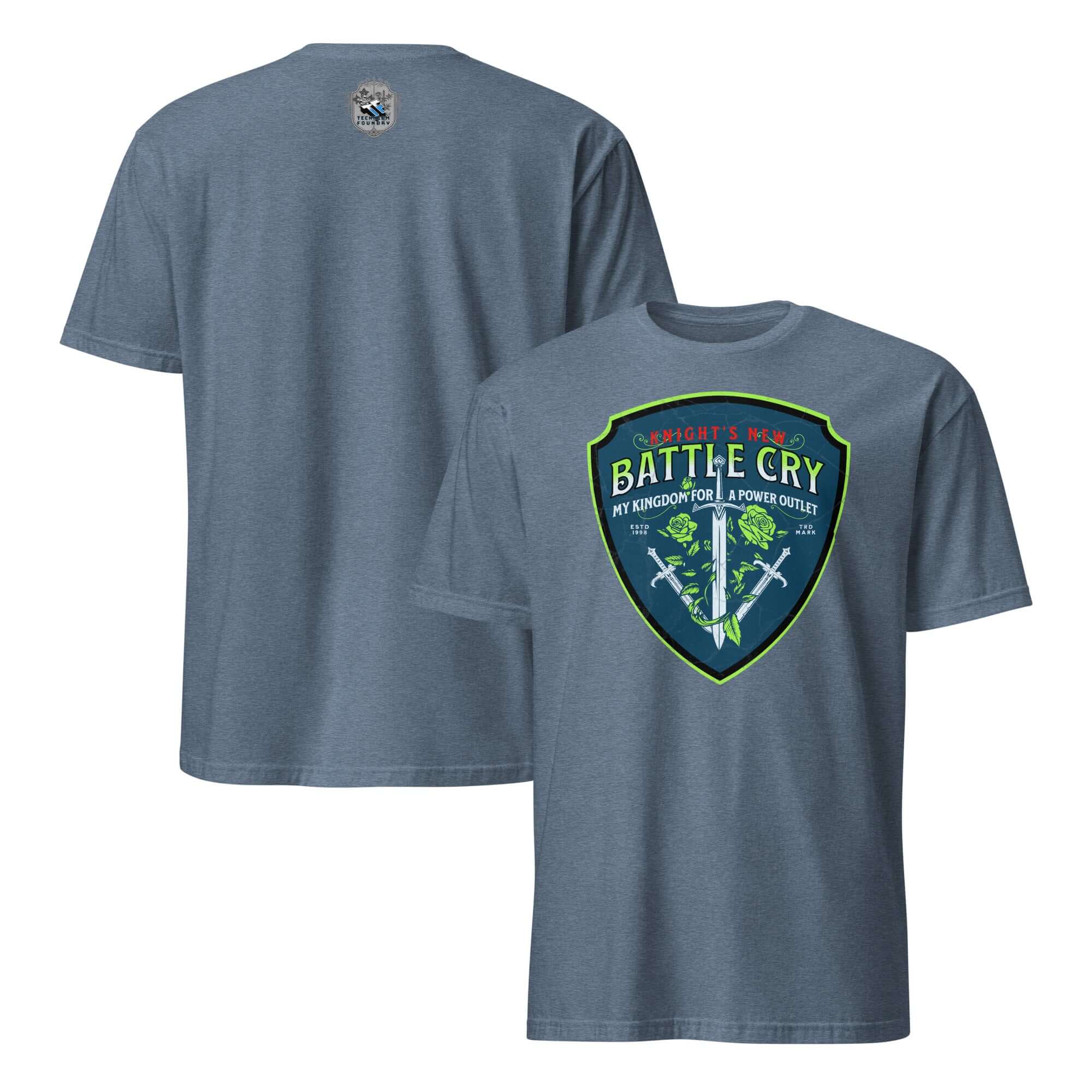 Alt Tag: "Knight's New Battle Cry T-Shirt with humorous medieval shield design featuring crossed swords and tech theme."