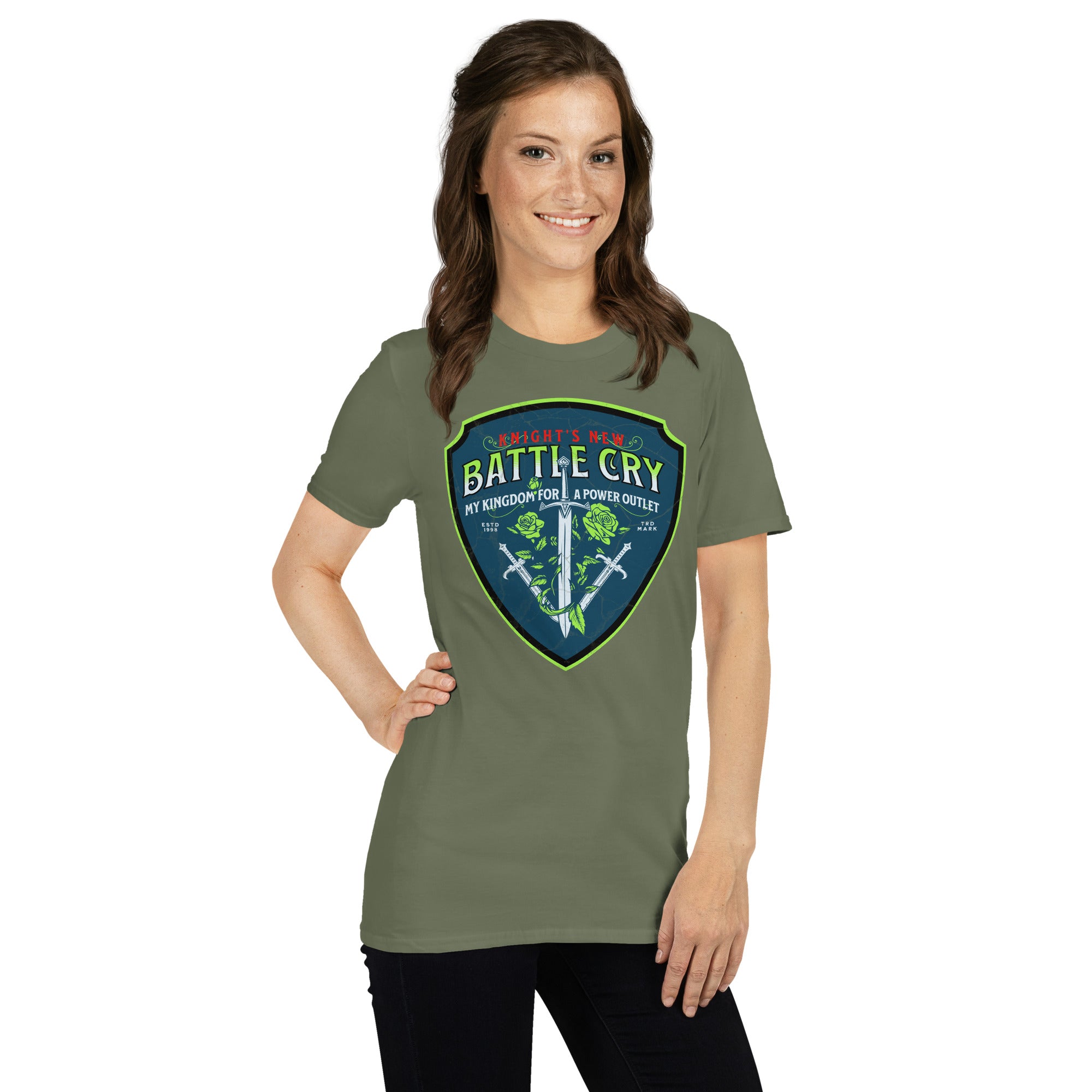Woman wearing Knight's New Battle Cry T-shirt with medieval tech humor design, olive green color, crossed swords and roses emblem.