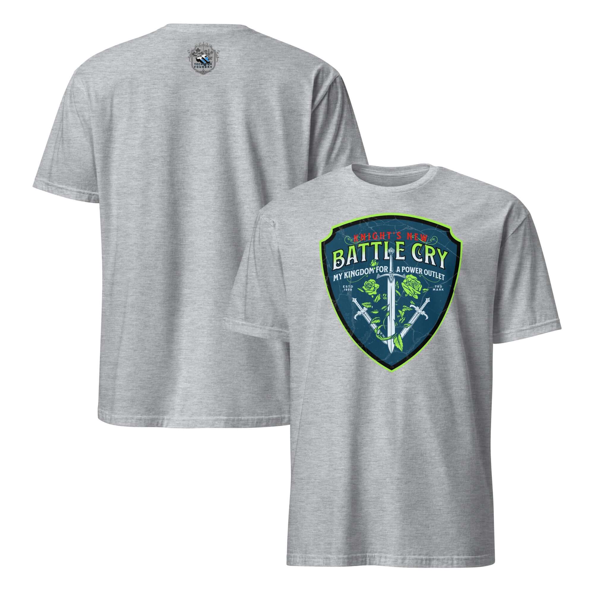 Gray t-shirt with 'Knight's New Battle Cry' shield design, featuring crossed swords and roses, blending medieval motifs with tech humor.
