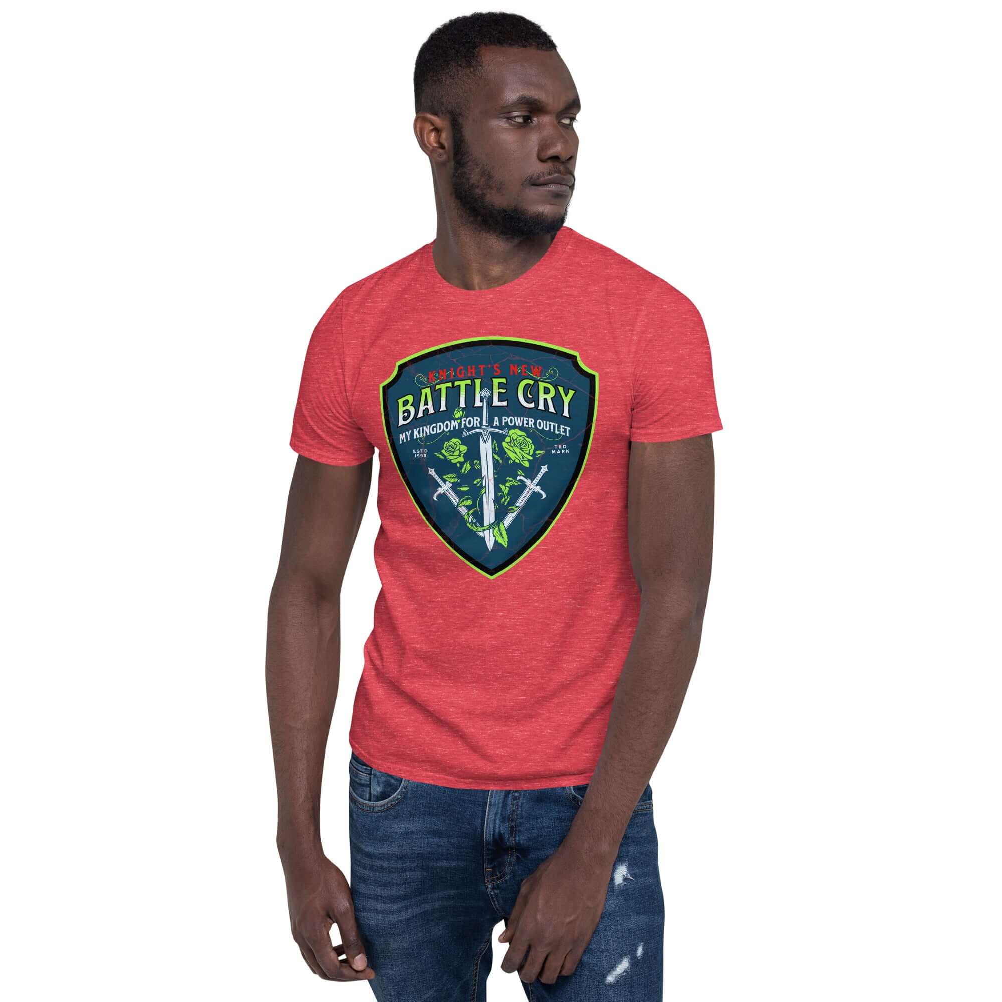 Medieval Tech Humor T-shirt with shield design featuring swords and roses, showcasing "My Kingdom For A Power Outlet" text.