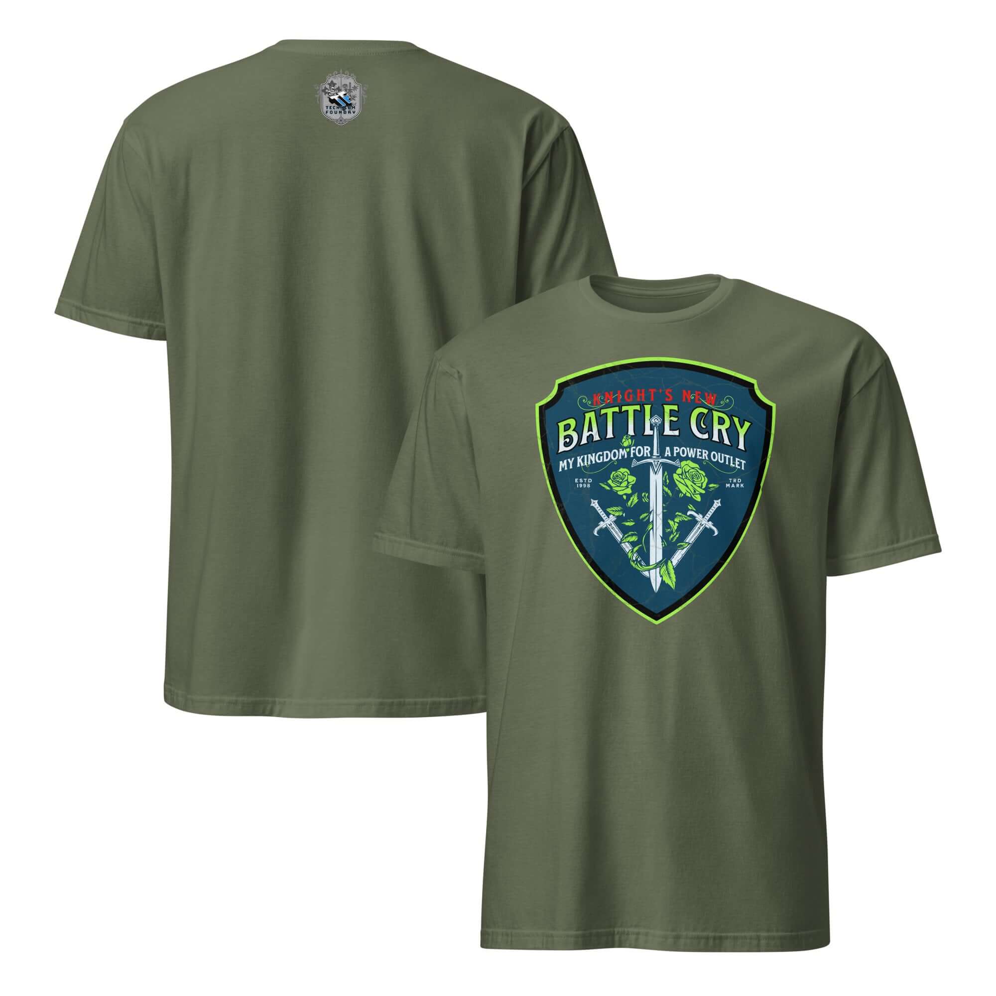 Knight's New Battle Cry T-Shirt featuring a medieval tech humor design with crossed swords and roses on a green fabric.