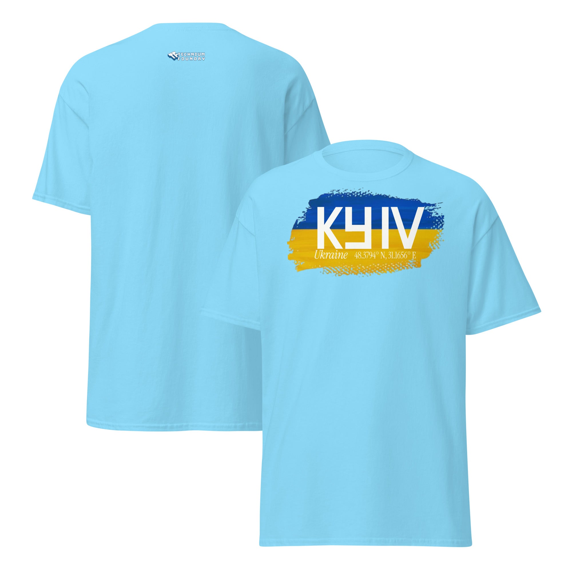 Kyiv City Pride T-Shirt with Ukrainian flag colors in paintbrush strokes on a light blue fabric, symbolizing national pride and art.