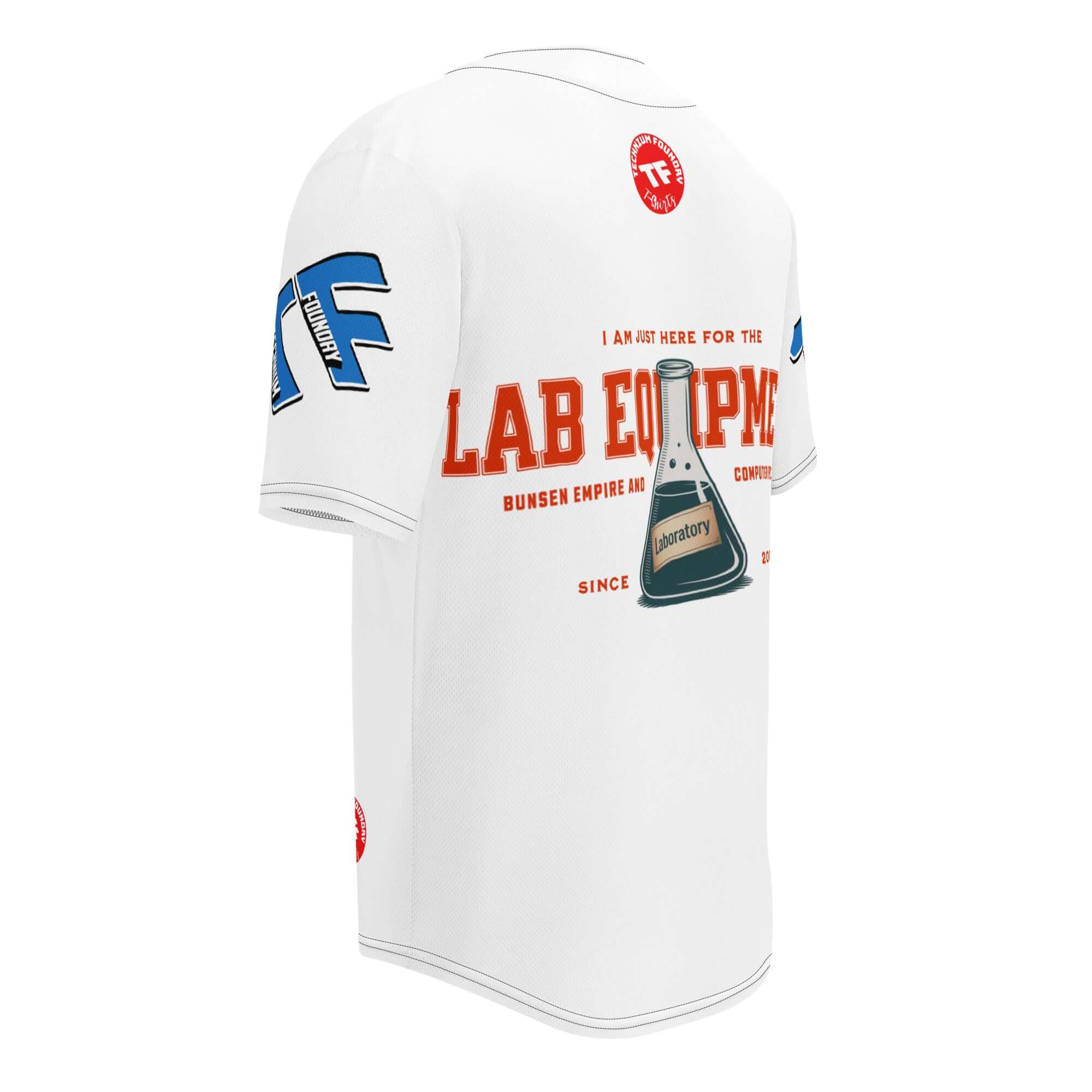 White lab equipment baseball jersey with laboratory team spirit design and science-themed graphics.
