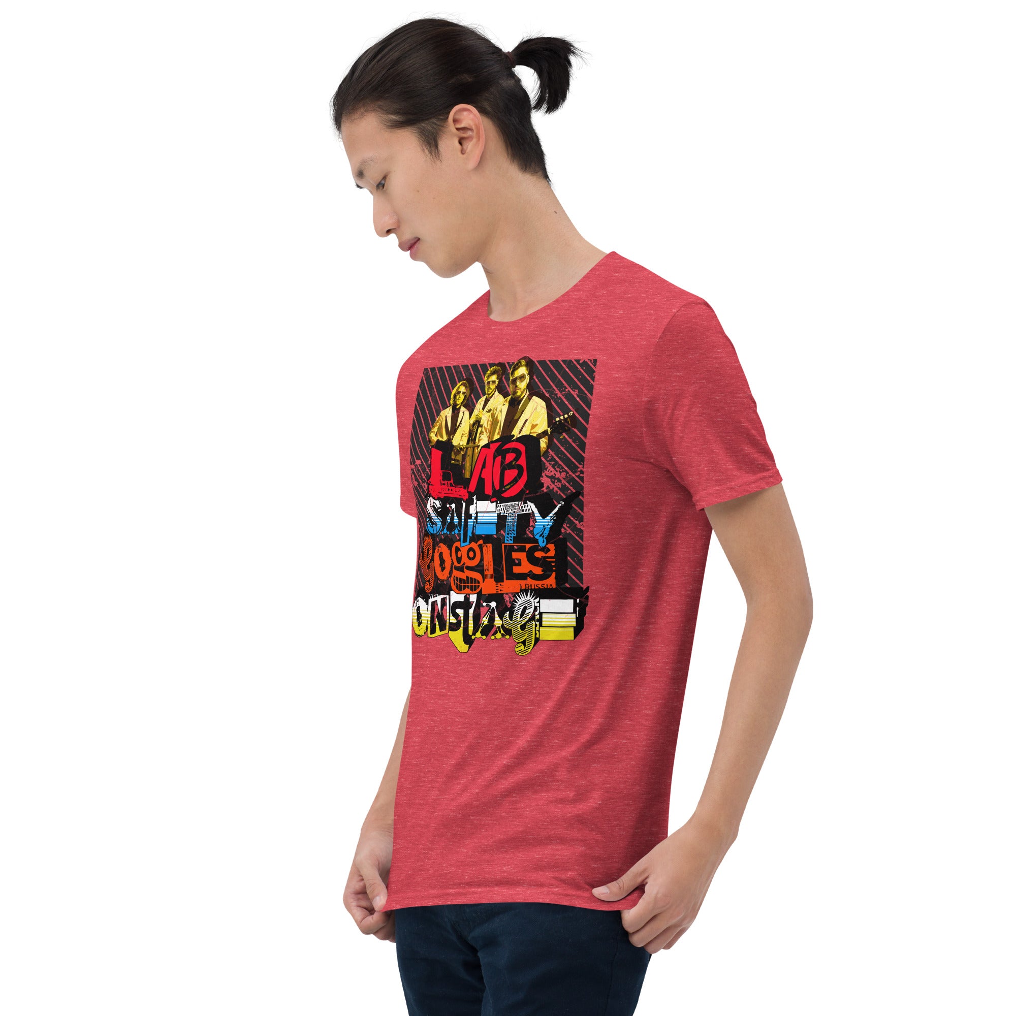 Man wearing Lab Safety Goggles Onstage T-Shirt with science rock band design in red. Ideal for science and music enthusiasts.