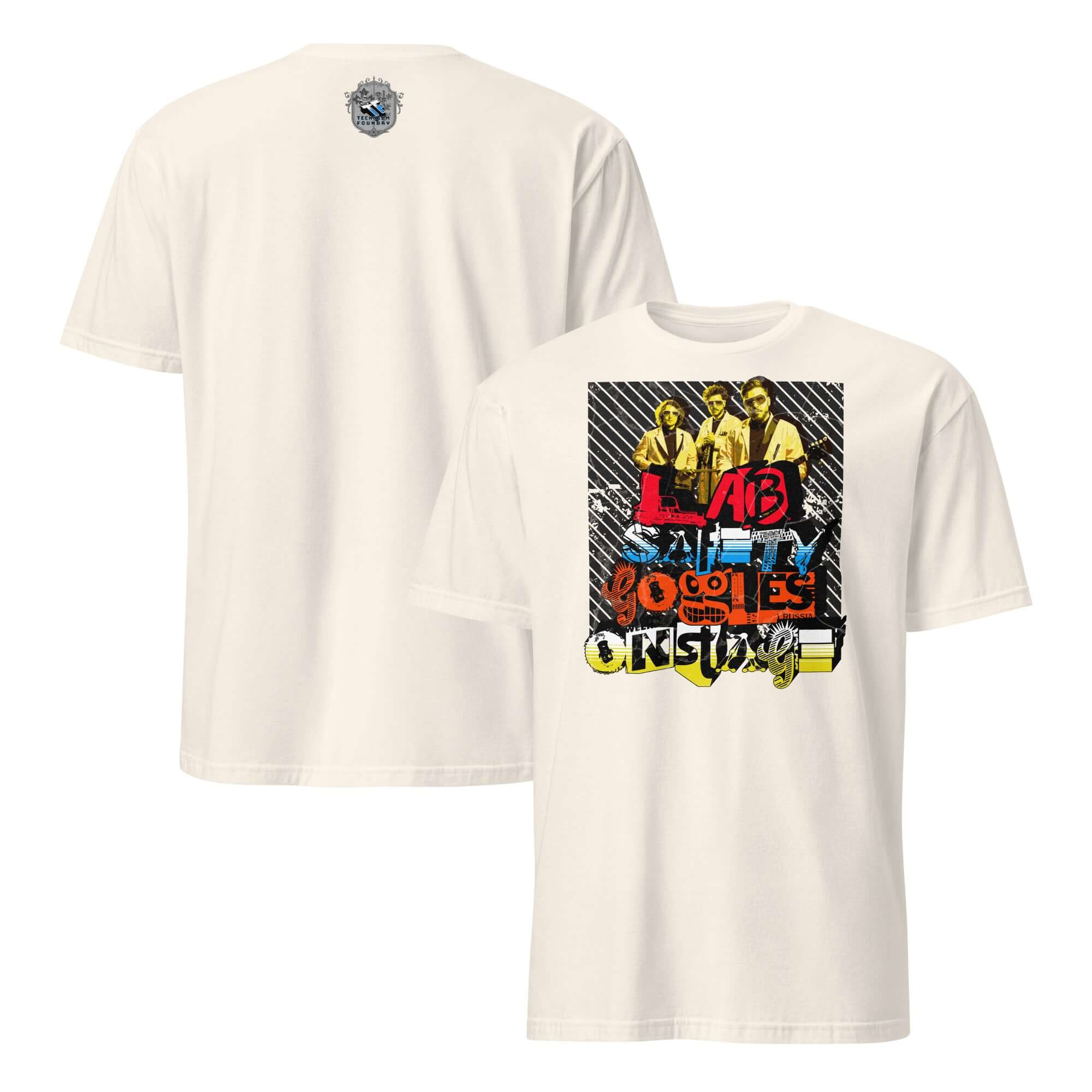 Lab Safety Goggles Onstage T-Shirt featuring a vintage science rock band design on a white background.