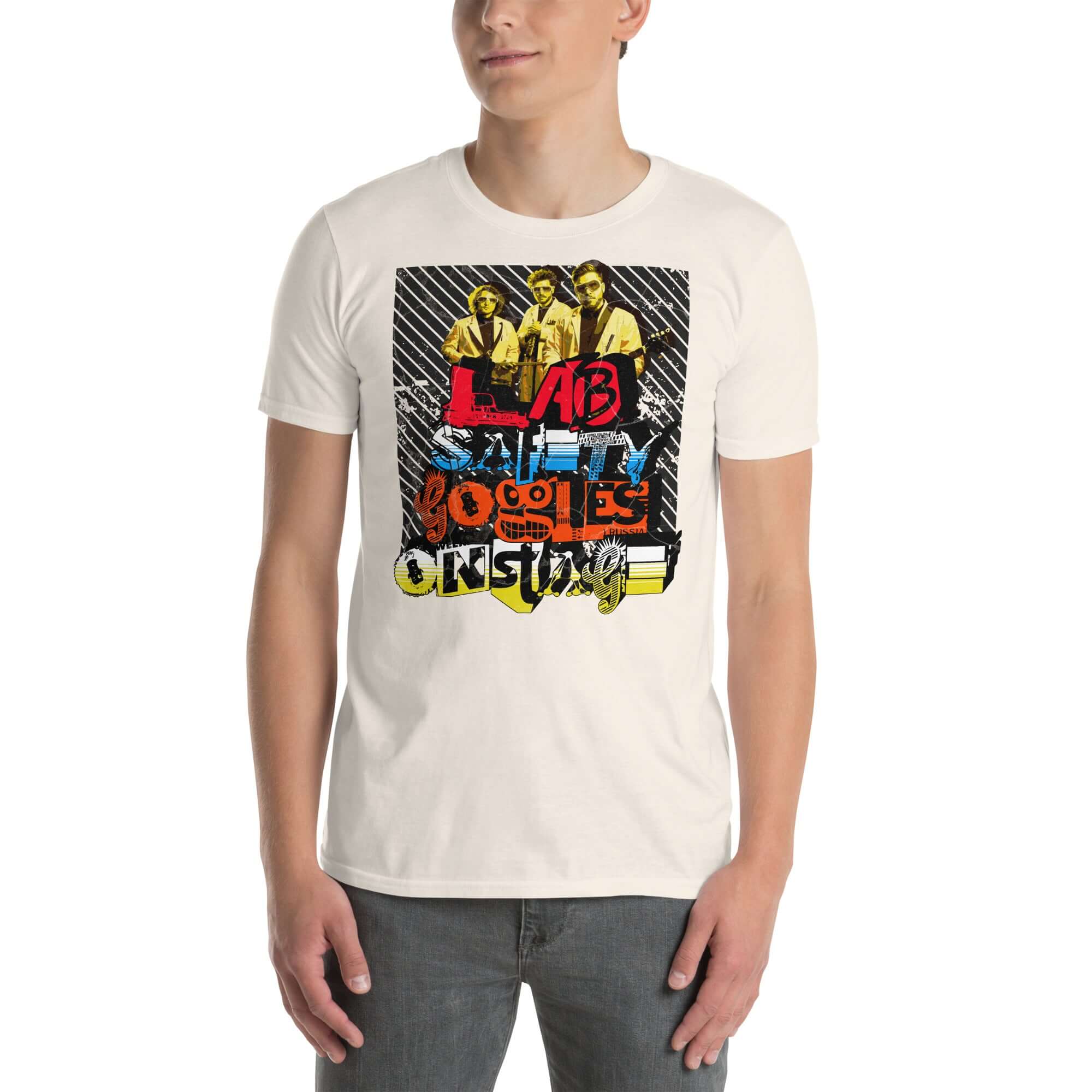 White T-shirt featuring a retro science rock band design with "Lab Safety Goggles Onstage" print, celebrating lab and stage safety.