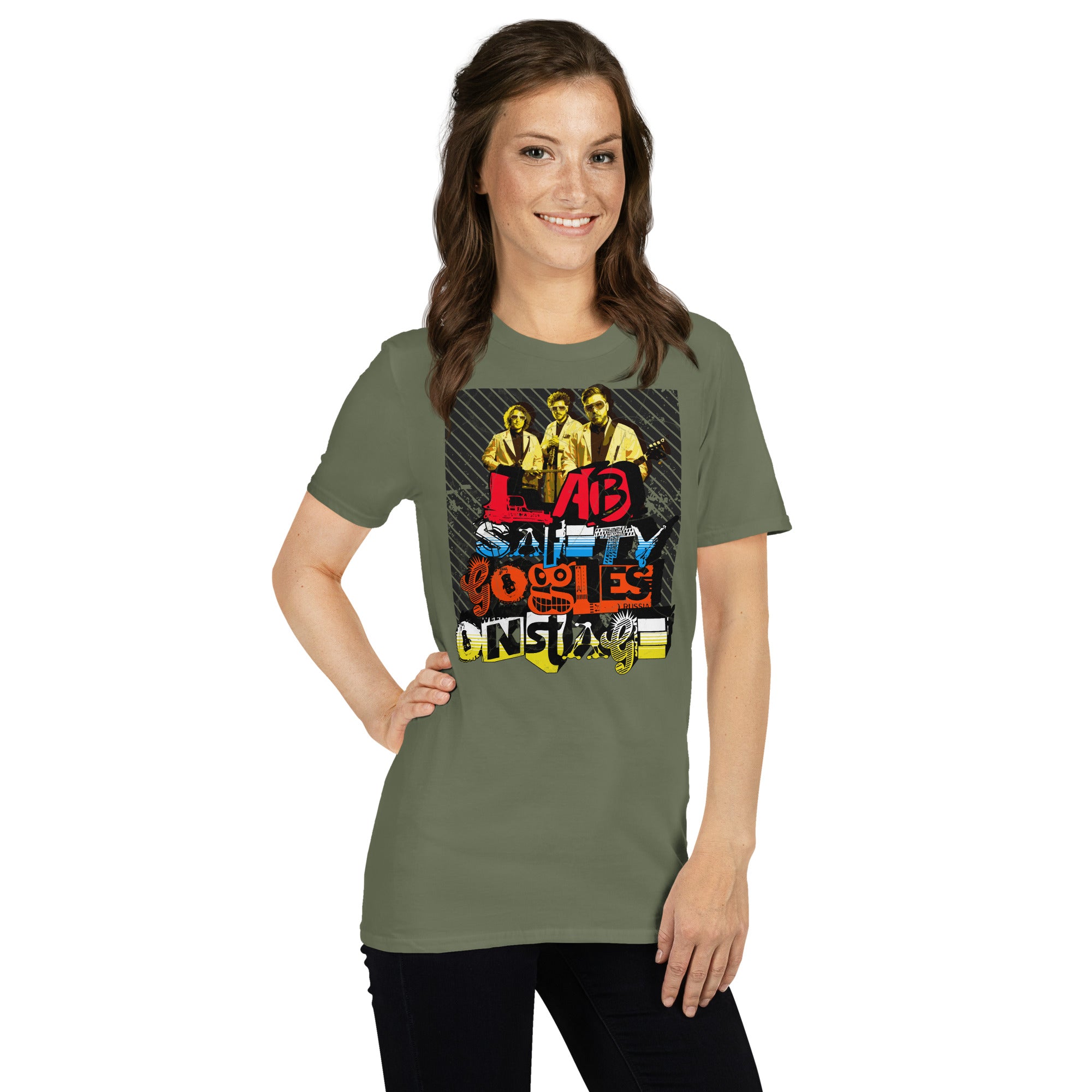 Woman wearing Lab Safety Goggles Onstage T-Shirt featuring a science rock band design, perfect for rock and lab safety enthusiasts.