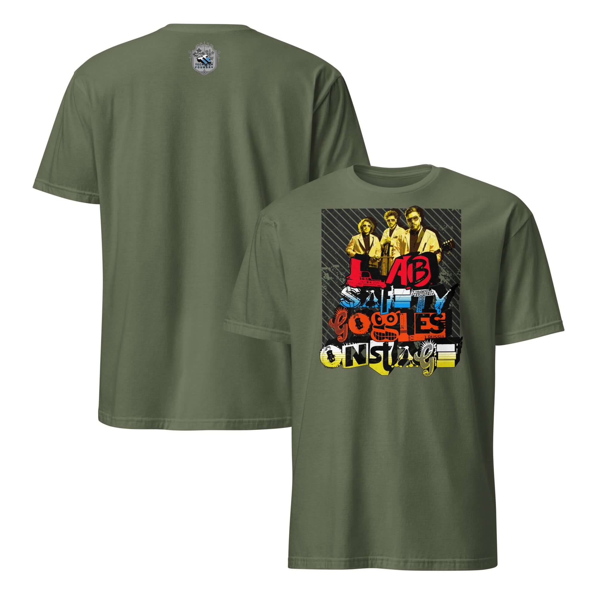 Green Lab Safety Goggles Onstage T-Shirt featuring a vintage science rock band design with PPE theme on the back.