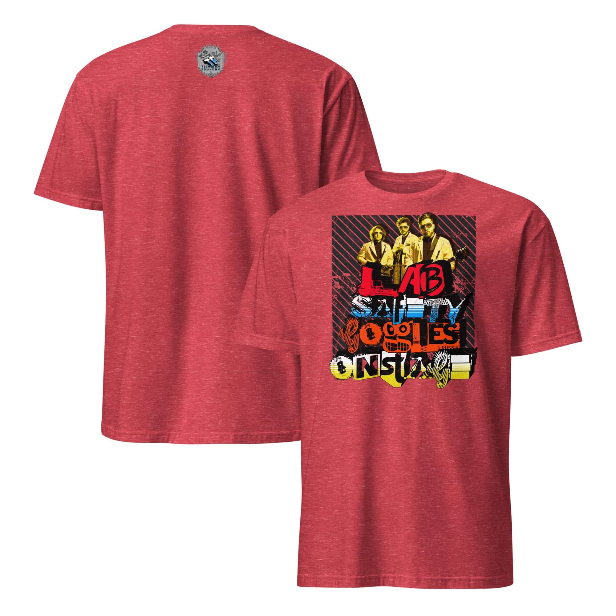 Red t-shirt with 'Lab Safety Goggles Onstage' science rock band graphic design, celebrating the fusion of lab safety and music.