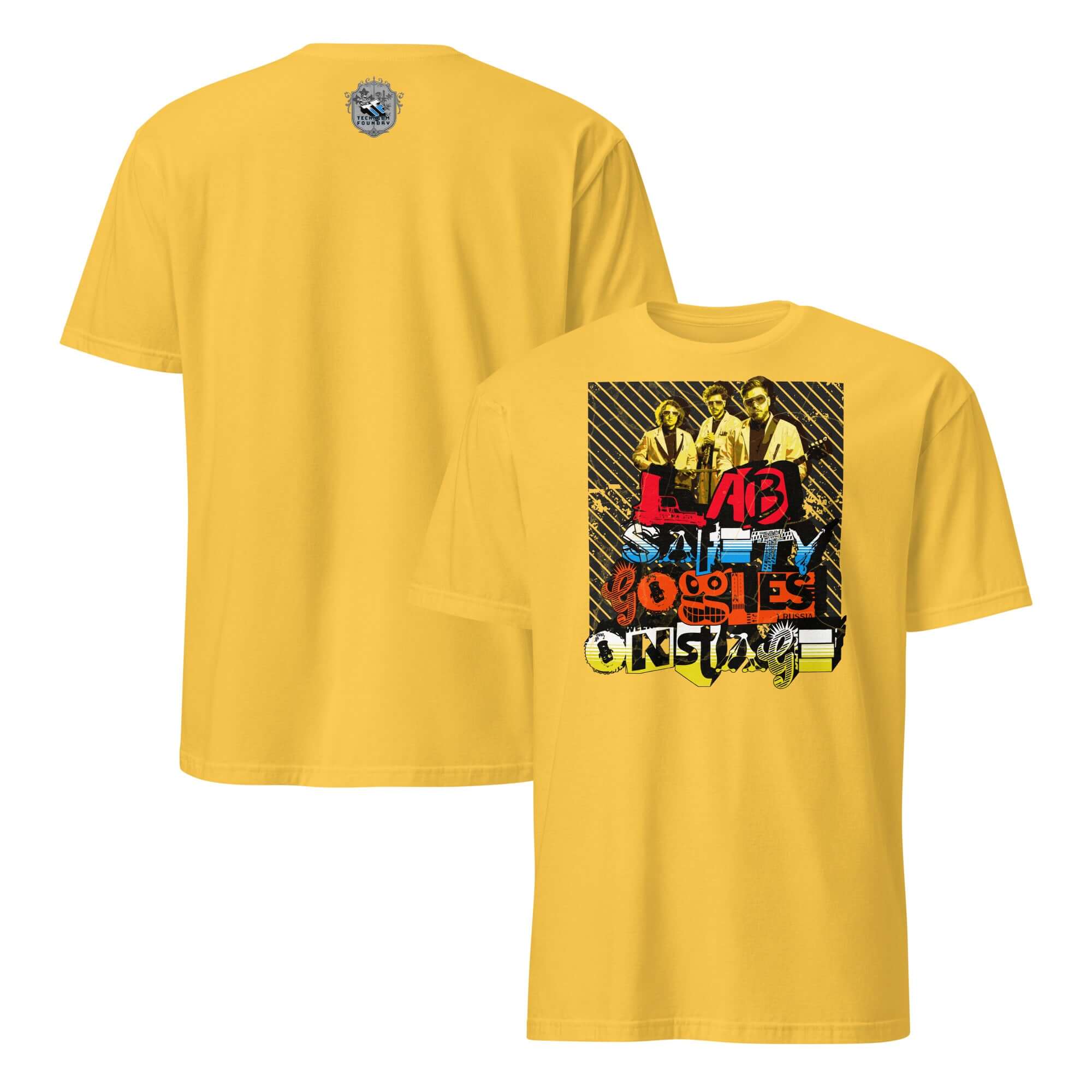 Yellow t-shirt with Lab Safety Goggles Onstage band design, featuring scientists in rock band style, merging science with entertainment.