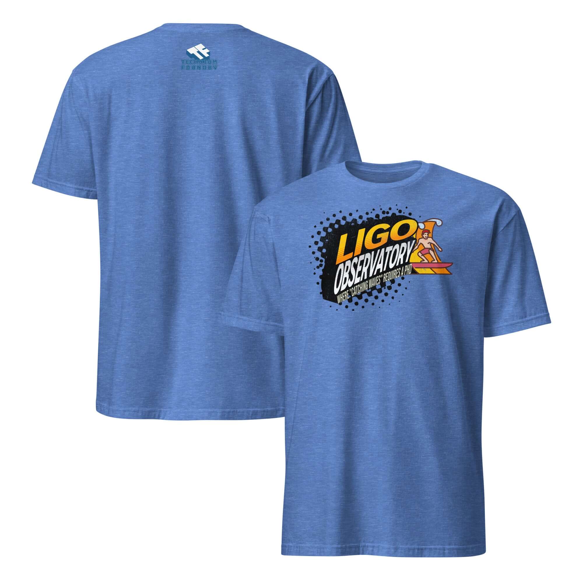 LIGO Observatory T-Shirt featuring vibrant design, blue fabric, scientific theme, ideal for space enthusiasts.