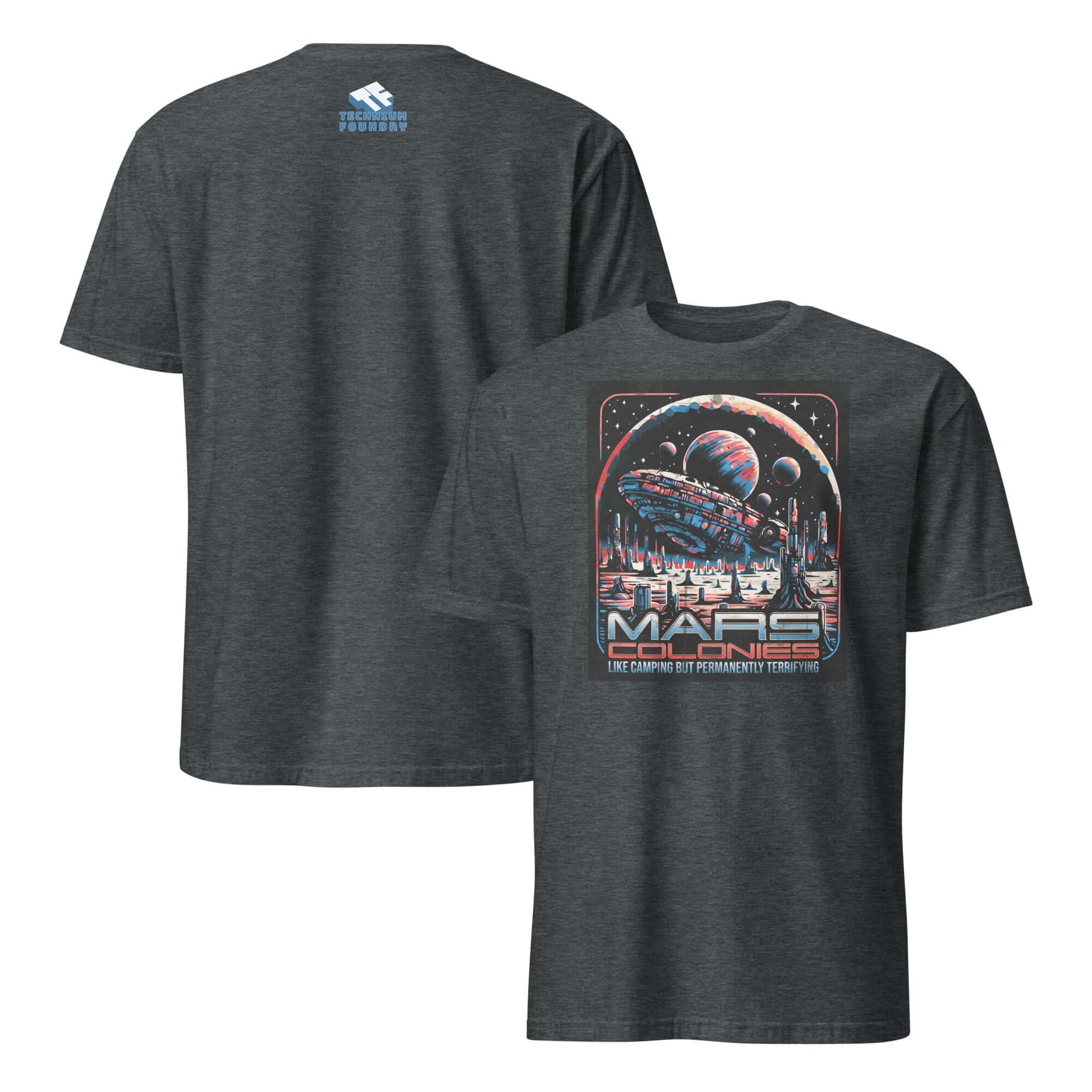 Retro-futuristic Mars Colonies T-Shirt showcasing a hovering colony ship, evoking a thrilling space camping adventure.