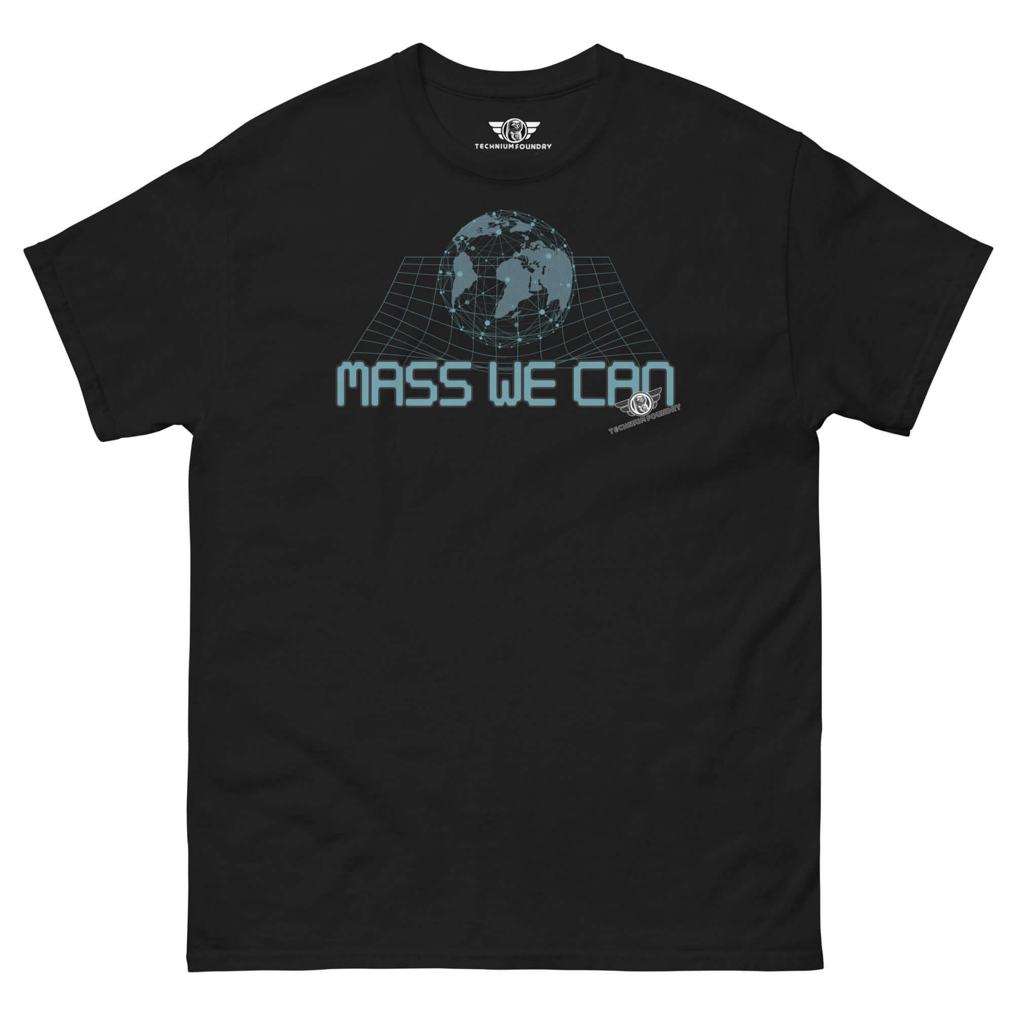 Mass We Can t-shirt with space-time curvature design and Einstein humor on black fabric.