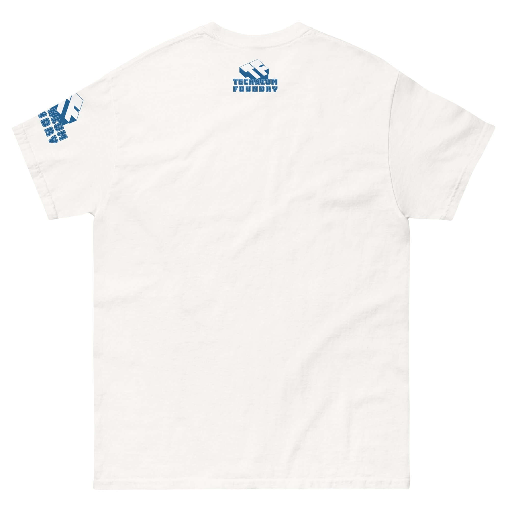 Back view of white Matrioshka Brain Futurist T-Shirt with blue tech-themed logo, ideal for computational megastructure fans.