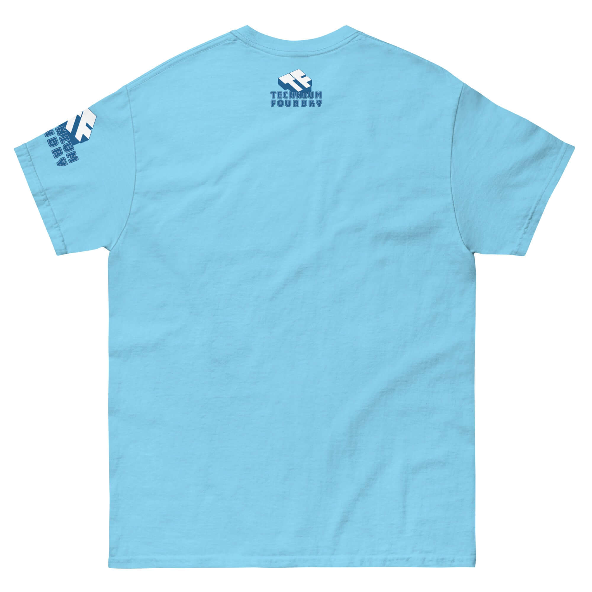Back view of Matrioshka Brain Futurist T-Shirt in light blue, featuring minimalist design and tech-inspired graphics.