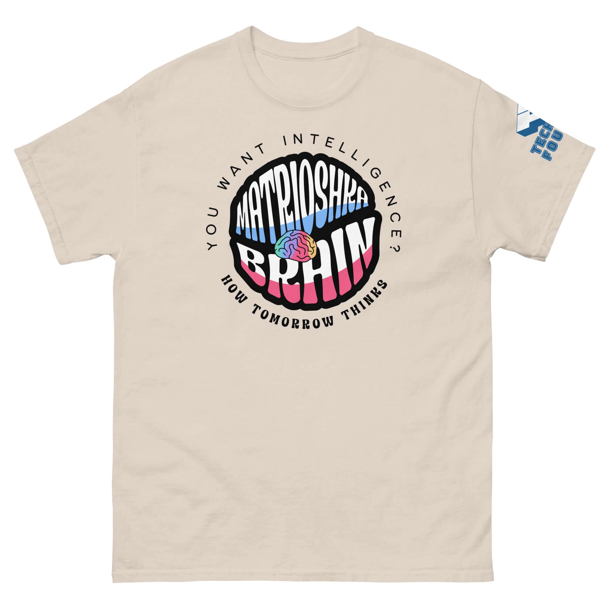 Matrioshka Brain Futurist T-Shirt featuring bold text and brain graphic, perfect for intelligent style upgrades.