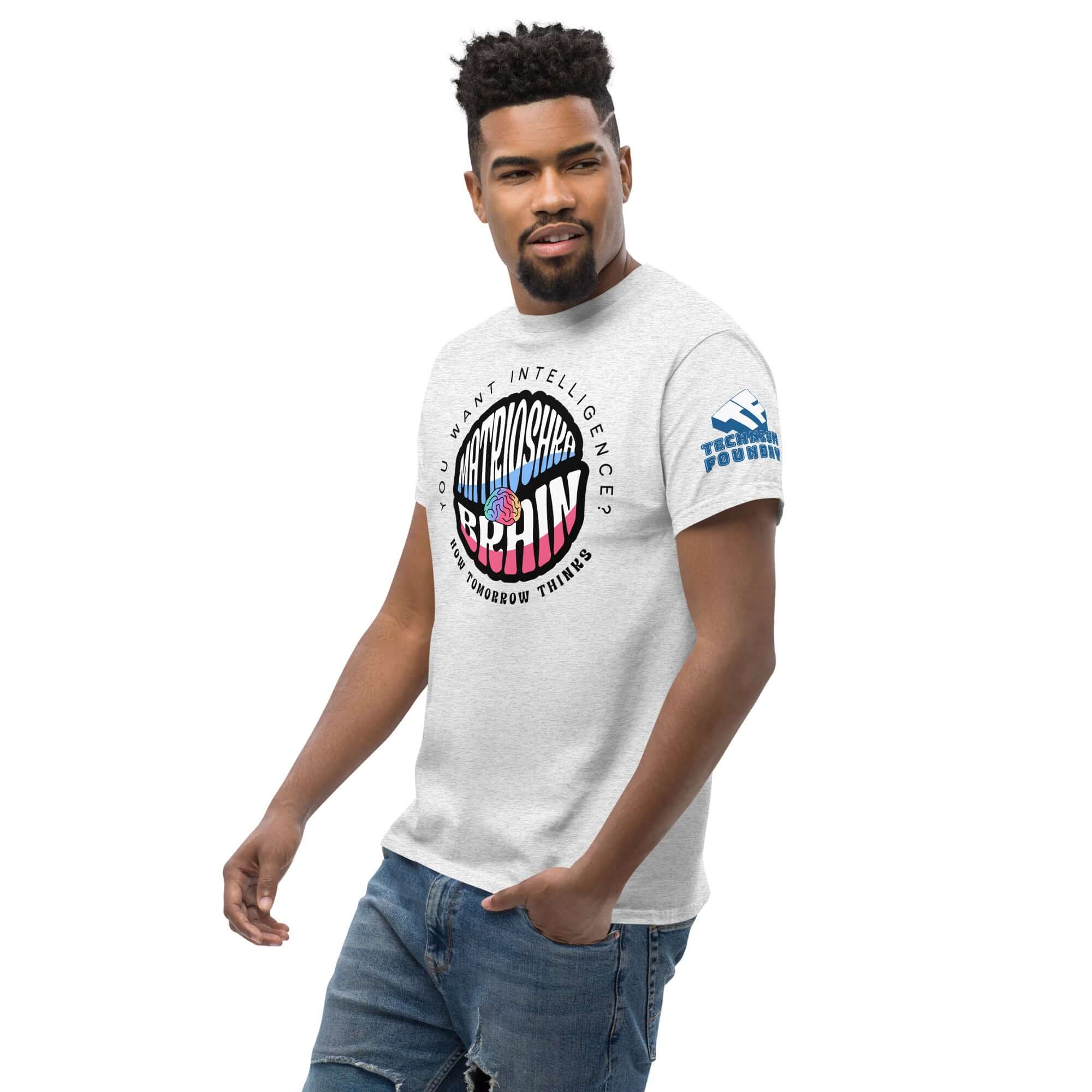 Man wearing a Matrioshka Brain Futurist T-Shirt, embracing computational megastructure style with a thoughtful expression.