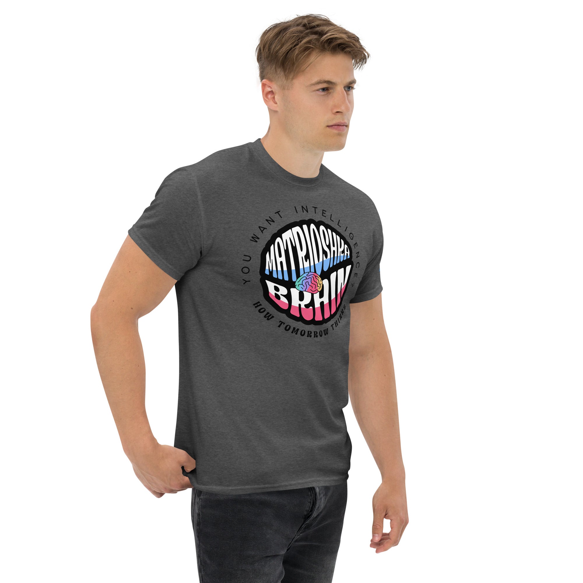 Alt Tag: Futurist wearing Matrioshka Brain T-shirt, perfect for those whose intelligence can't be contained. Ideal for computational megastructure fans.