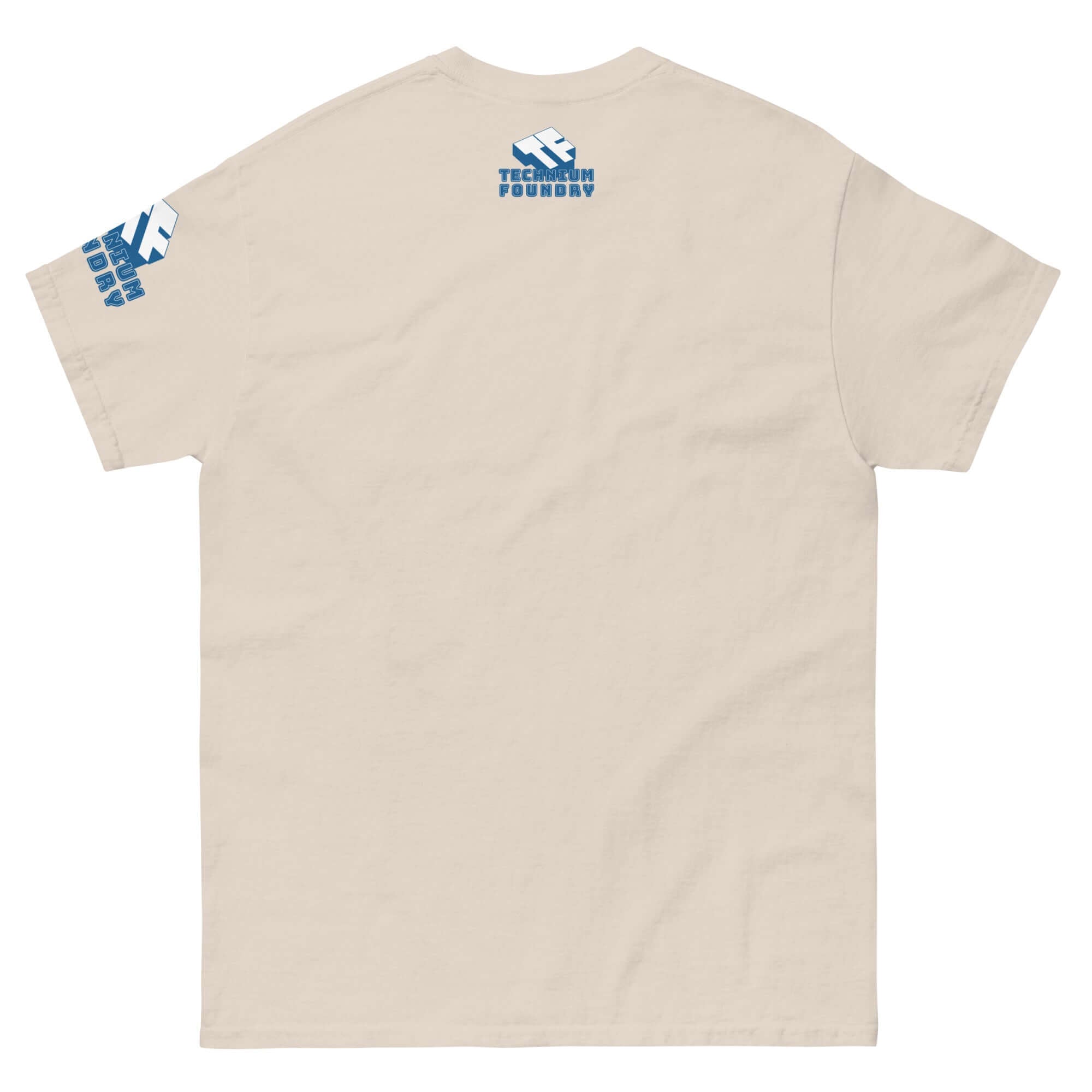 Beige Matrioshka Brain Futurist T-Shirt back view with blue tech-themed graphics. Perfect for computational megastructure fans.