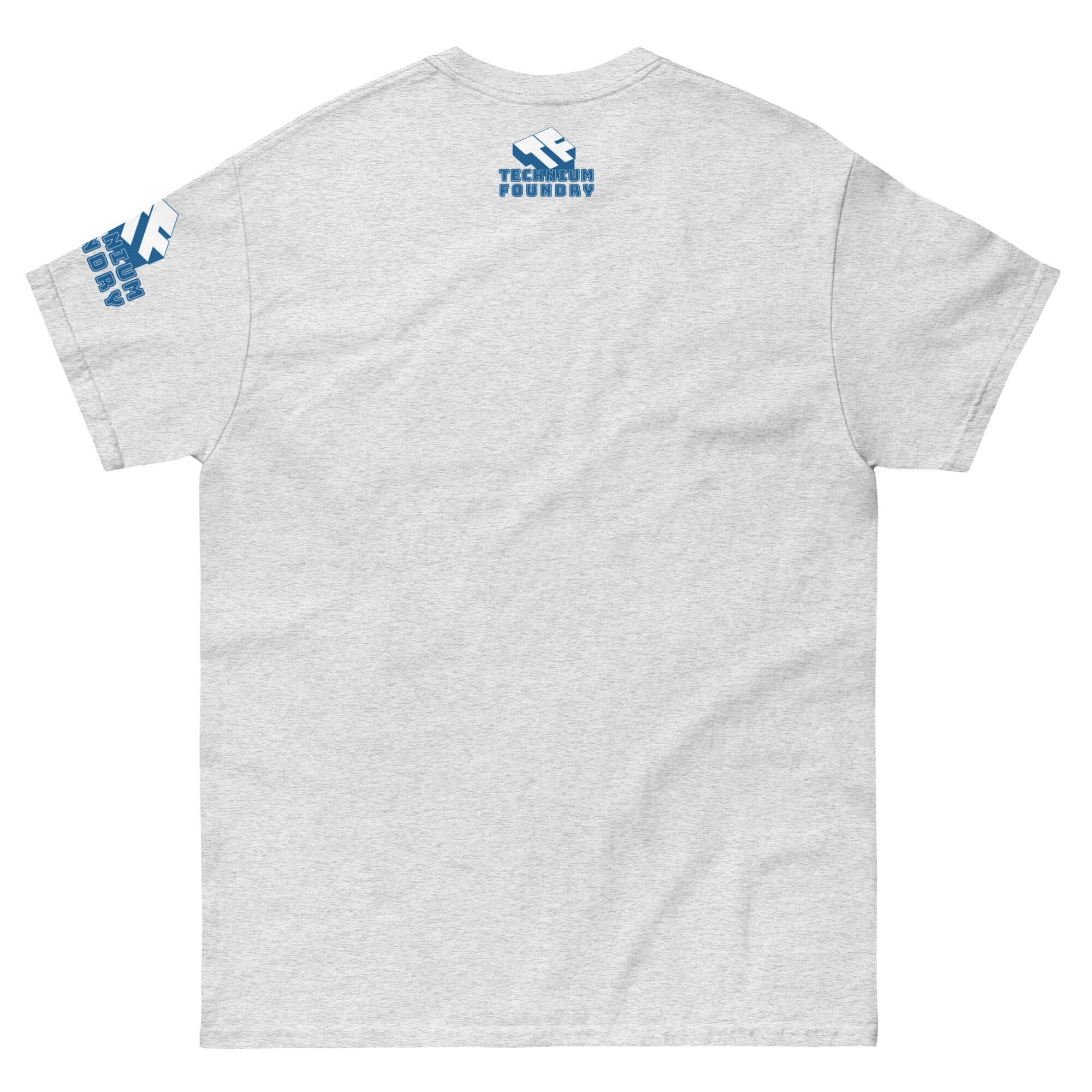 Back view of Matrioshka Brain Futurist T-Shirt in gray with tech-themed blue prints, perfect for computational megastructure enthusiasts.