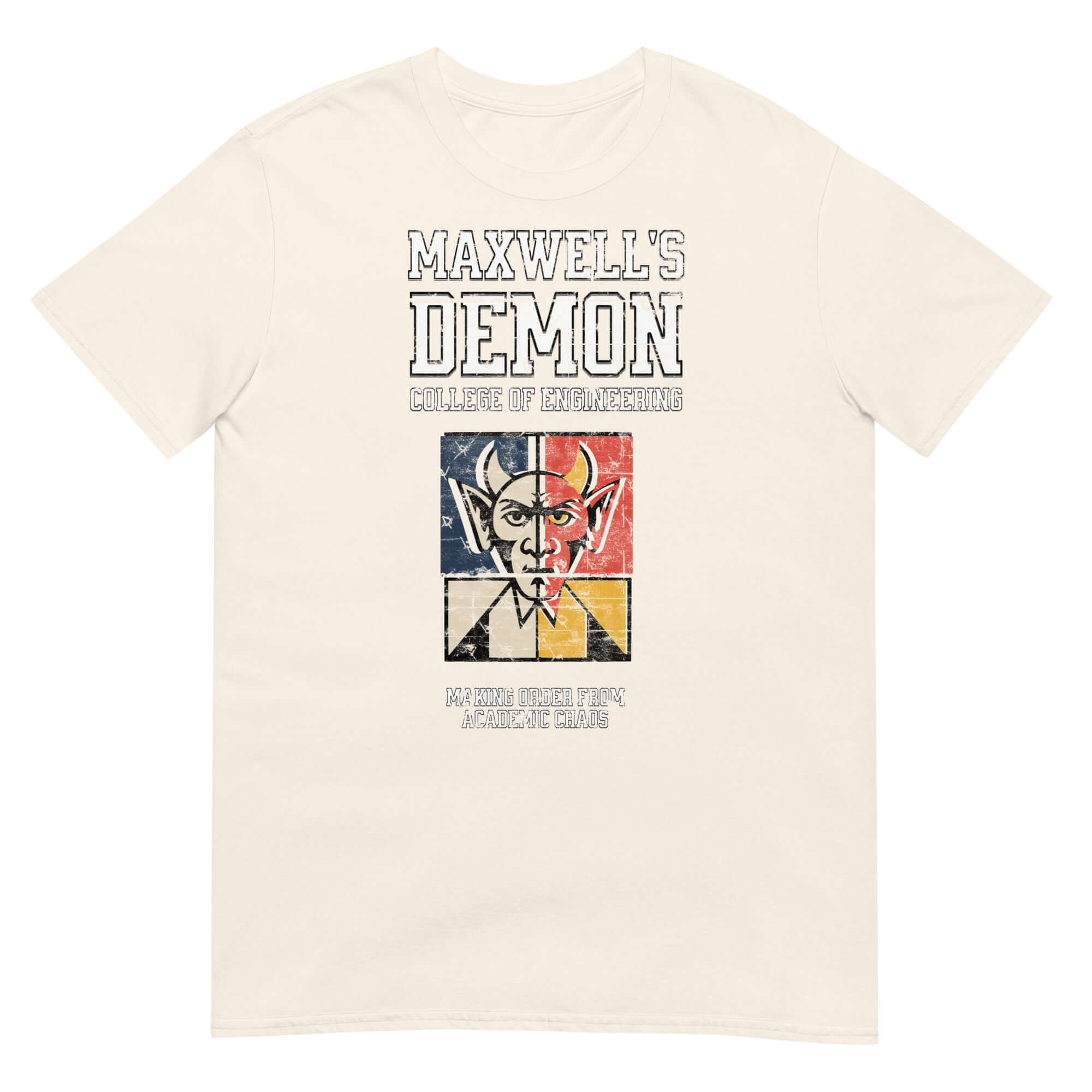 Maxwell's Demon College of Engineering T-Shirt with humorous physics design for academic and engineering enthusiasts.