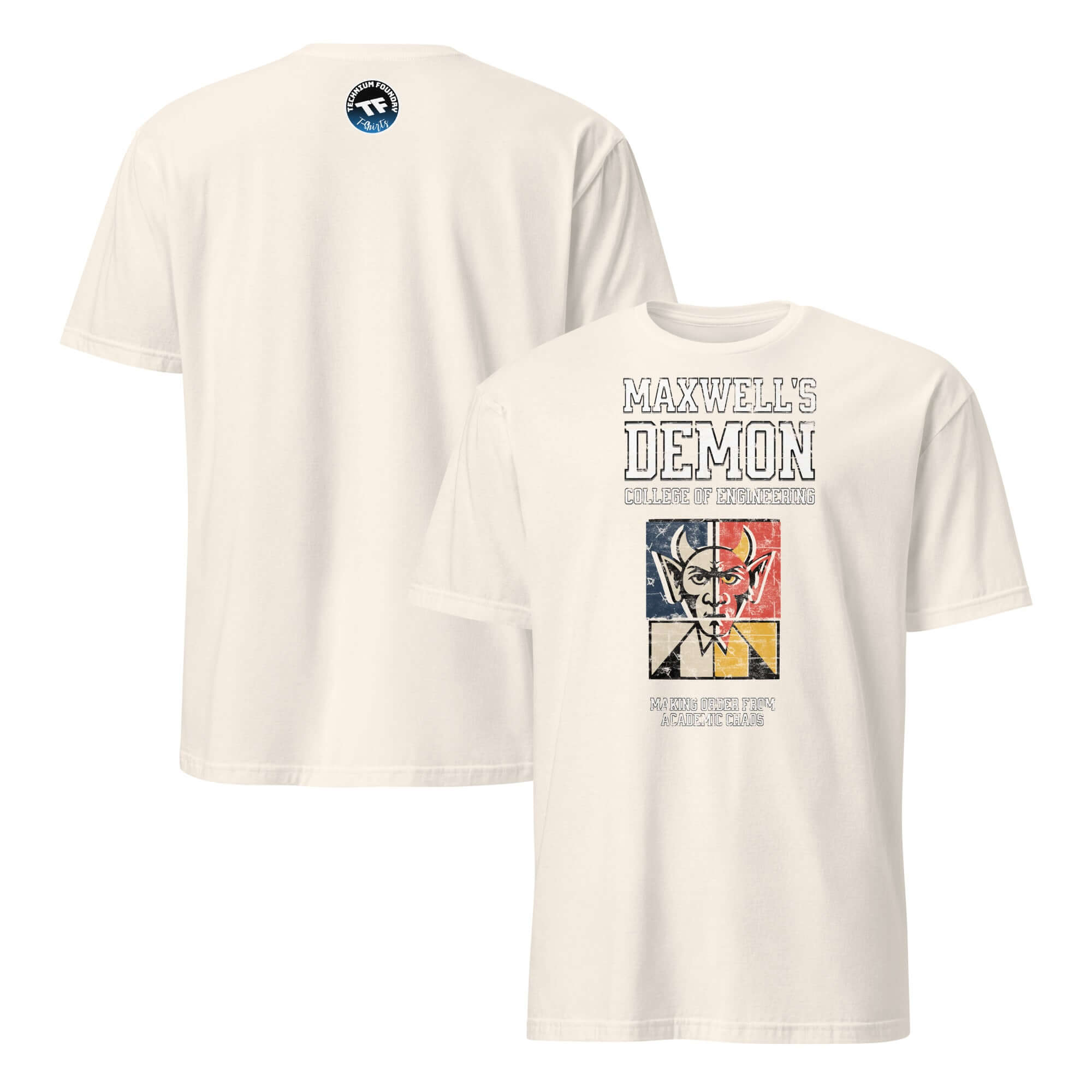 Maxwell's Demon College of Engineering T-shirt featuring physics humor and academic entropy control design.