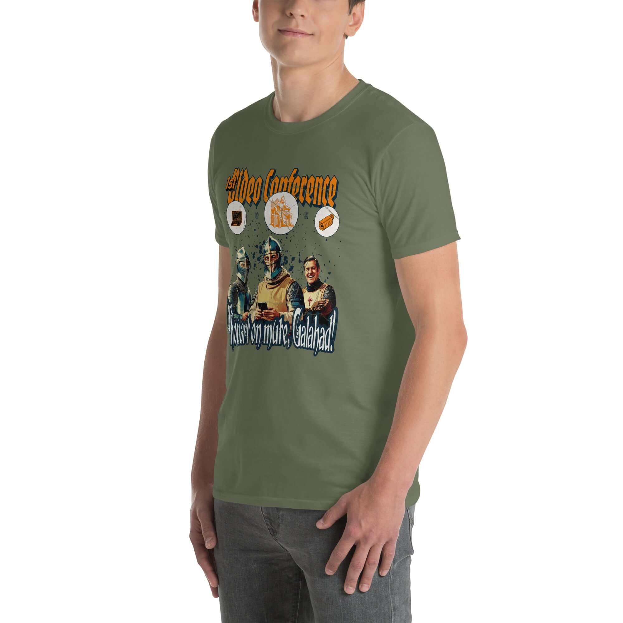 Alt Tag: "1st Video Conference T-Shirt featuring medieval knights humorously engaging with technology."