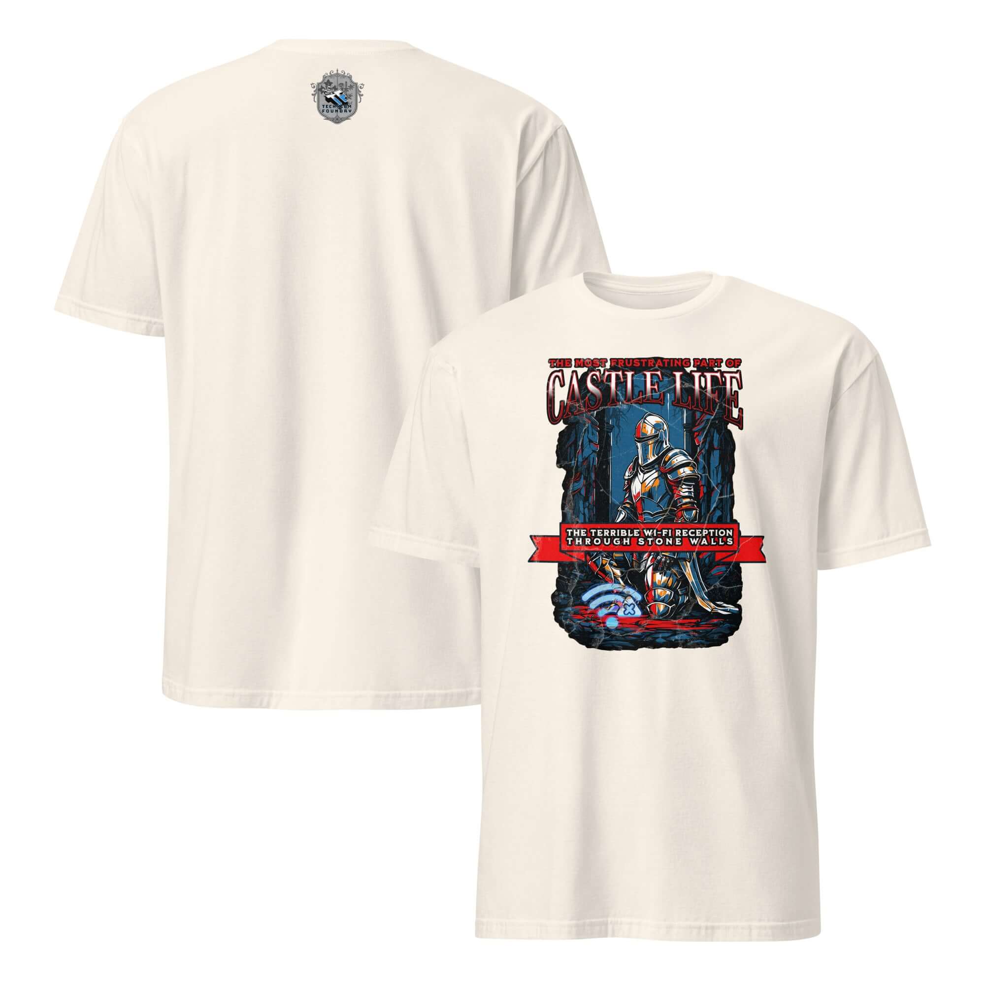 Medieval Wi-Fi humor t-shirt featuring a knight in armor with text about frustrating castle life on both front and back views.