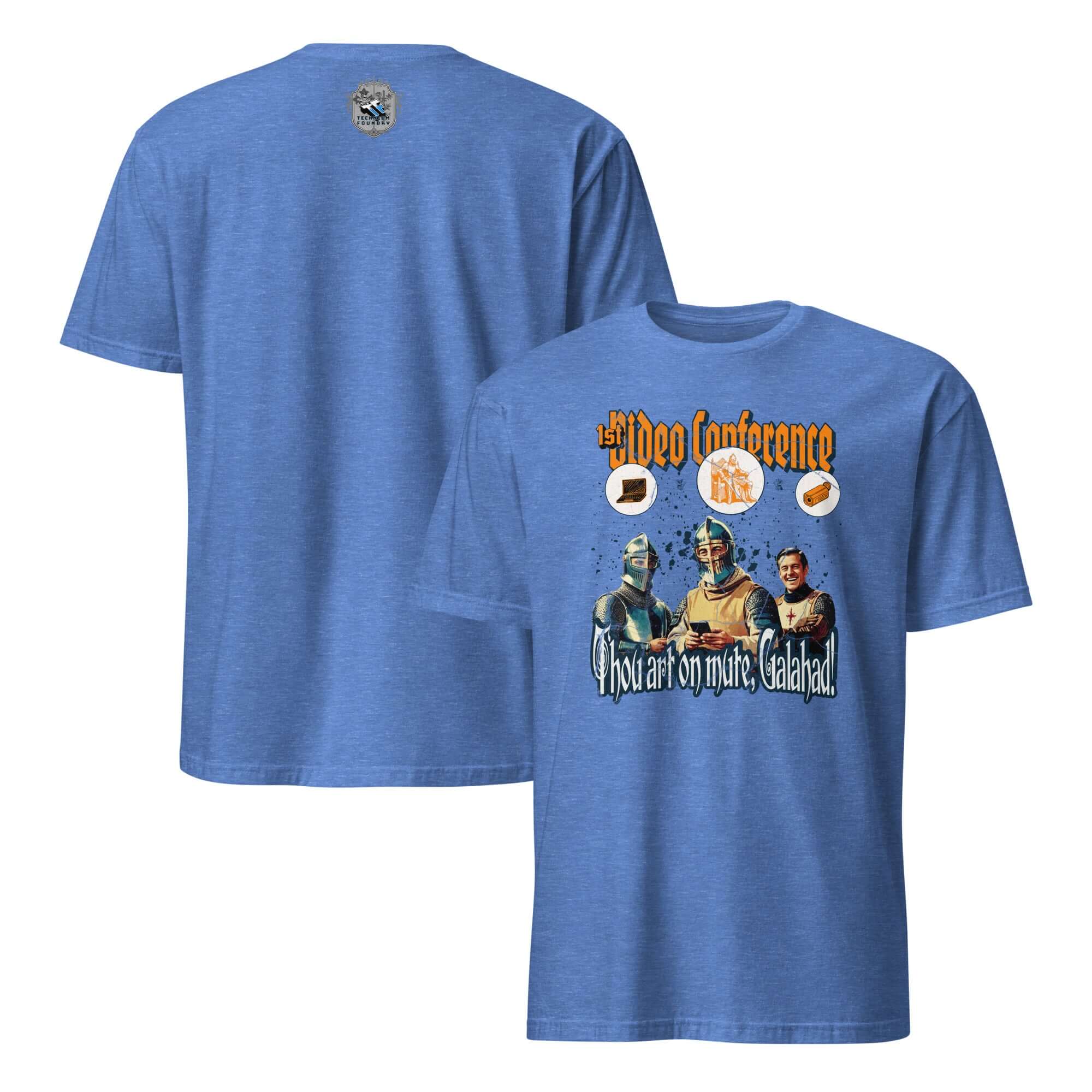 Medieval humor t-shirt with knights and text 'Thou Art On Mute, Galahad!' captures the first video conference theme on blue fabric.