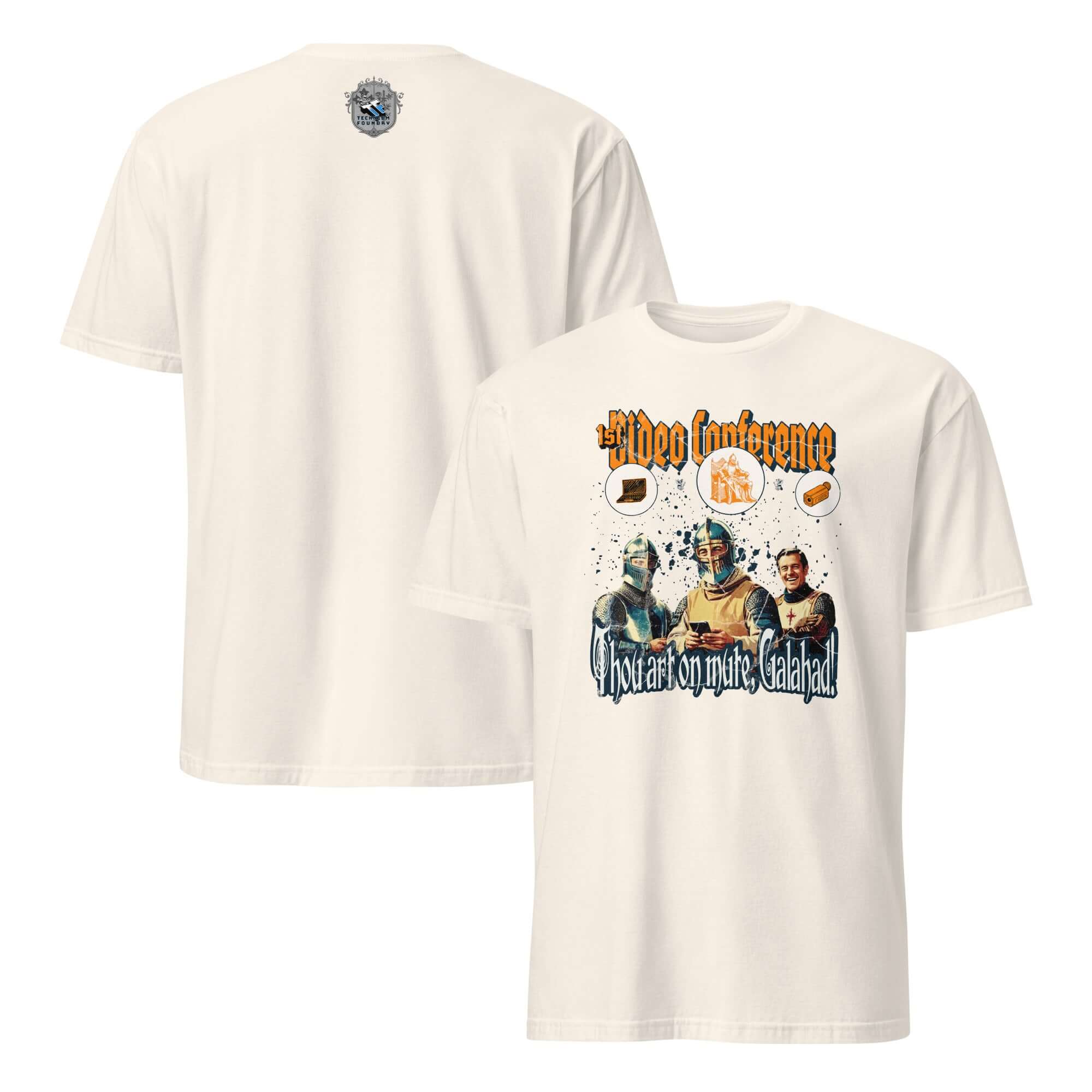 Medieval Zoom humor t-shirt featuring knights with smartphones, text: '1st Video Conference: Thou Art On Mute, Galahad!'
