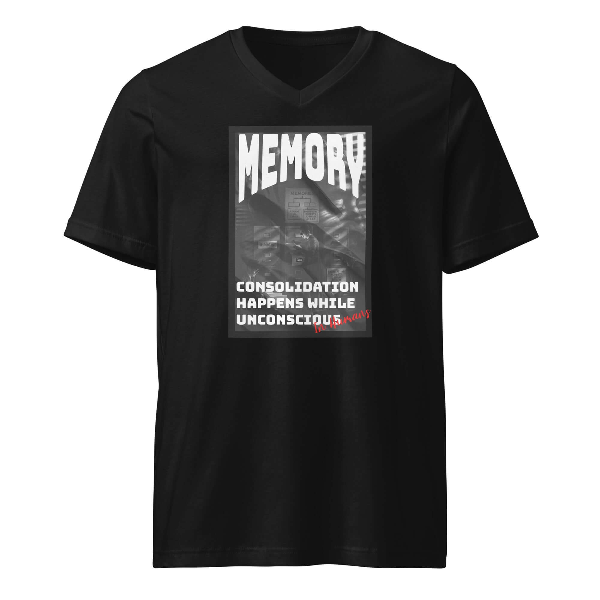 Alt Tag: Memory T-Shirt with "Consolidation Happens While Unconscious" text, featuring a vintage monochrome design celebrating neuroscience.