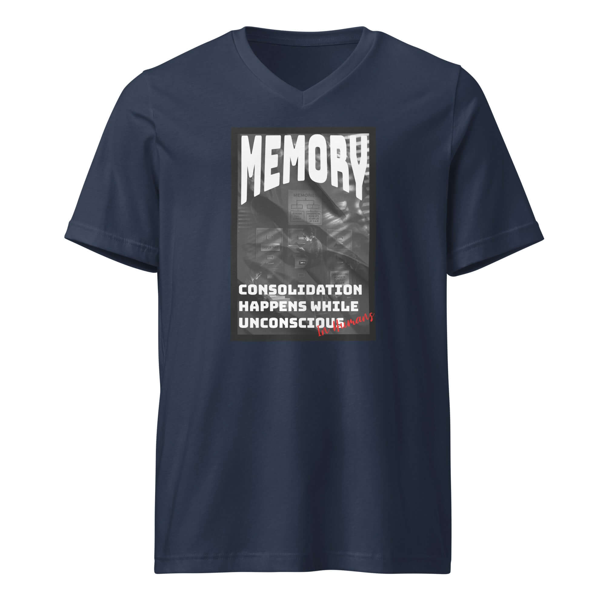 Navy Memory T-Shirt featuring 'Consolidation Happens While Unconscious' vintage design, highlighting brain's data management.