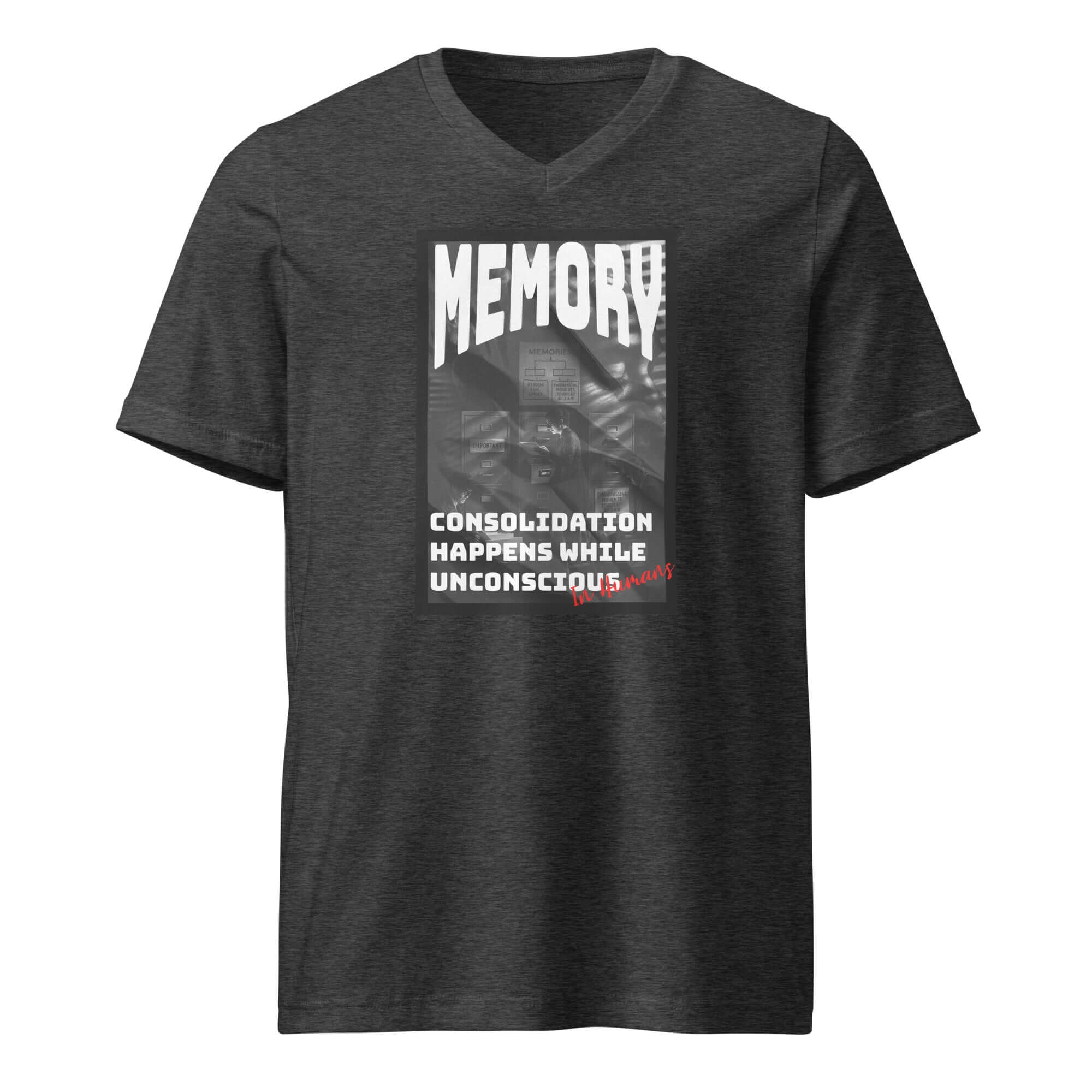 Vintage Memory T-Shirt featuring 'Consolidation Happens While Unconscious' theme in a monochrome noir design.