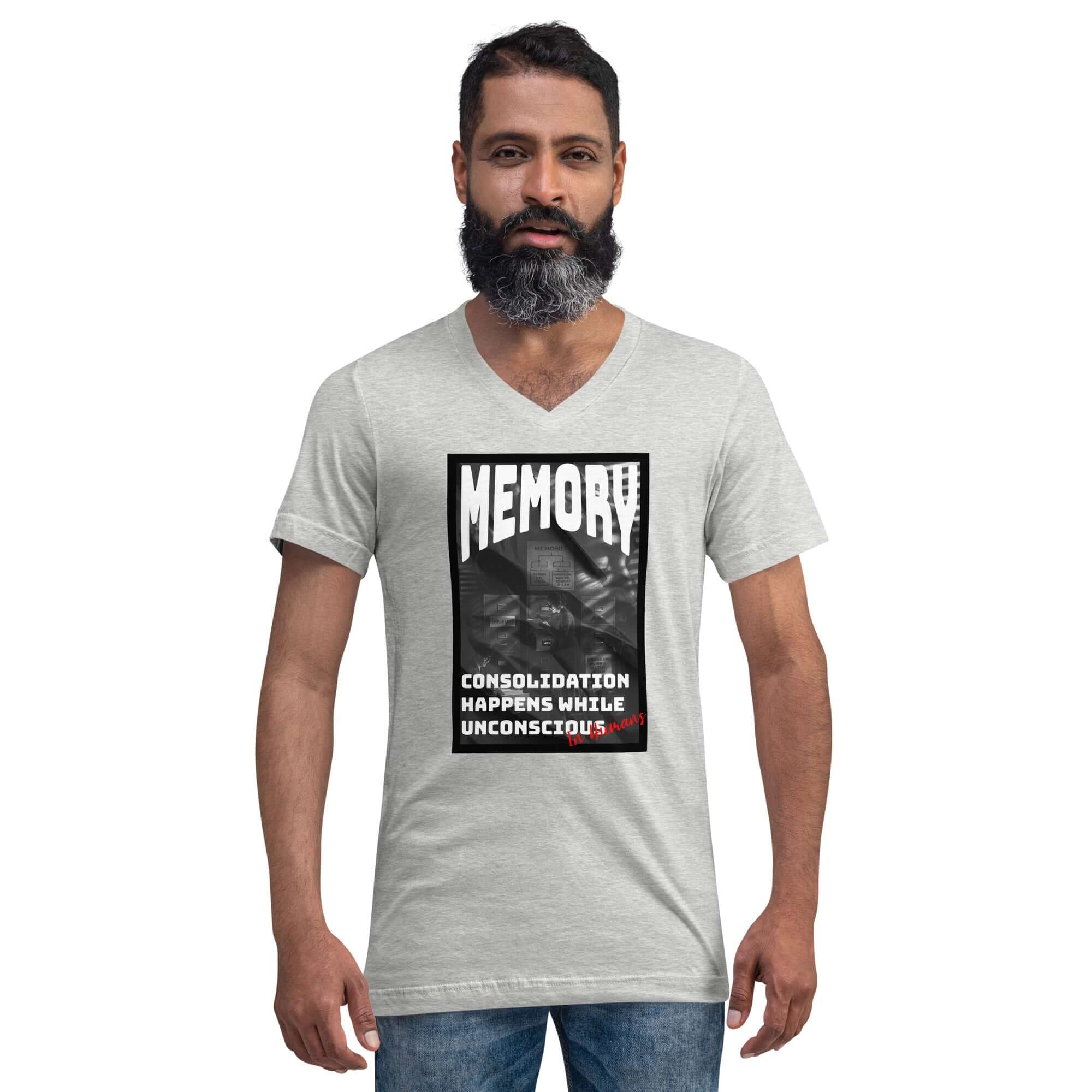 Man wearing a Memory T-Shirt with 'Consolidation Happens While Unconscious' design in noir style, celebrating brain's overnight processing.