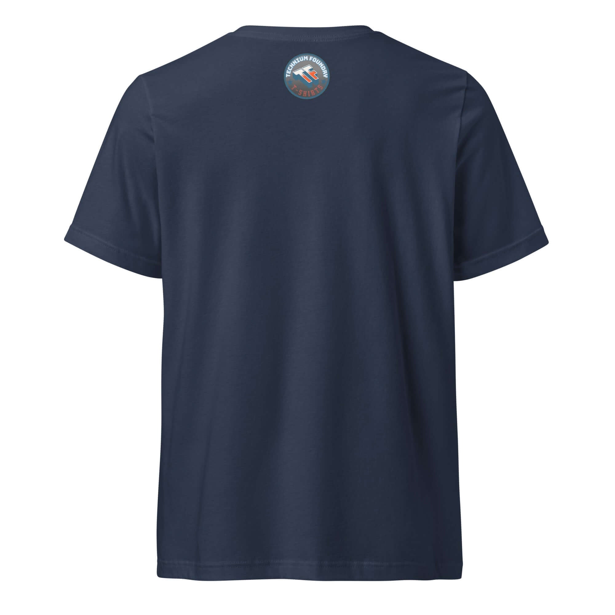 Back of navy Memory T-Shirt featuring a small vintage neuroscience logo, showcasing the theme of memory consolidation during sleep.